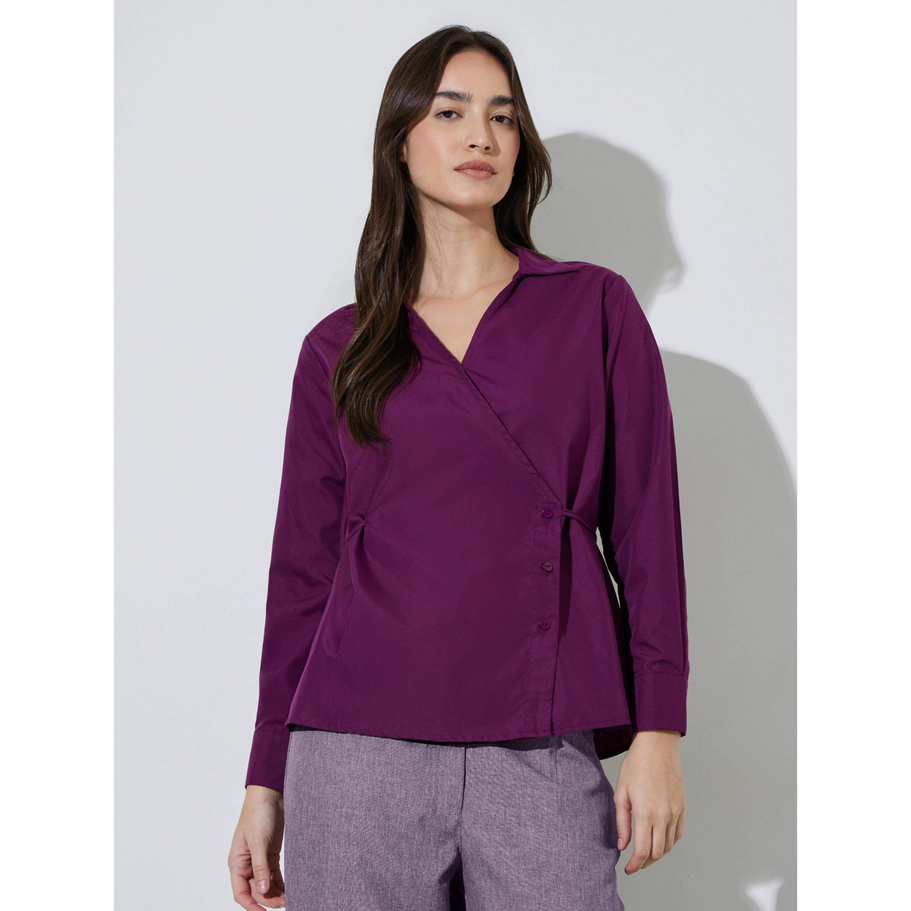 بلوزة بيبلوم بياقة ورباط على الخصر سادة باللون العنابي-women-clothing-shirtsandblouses-blouses-image-3