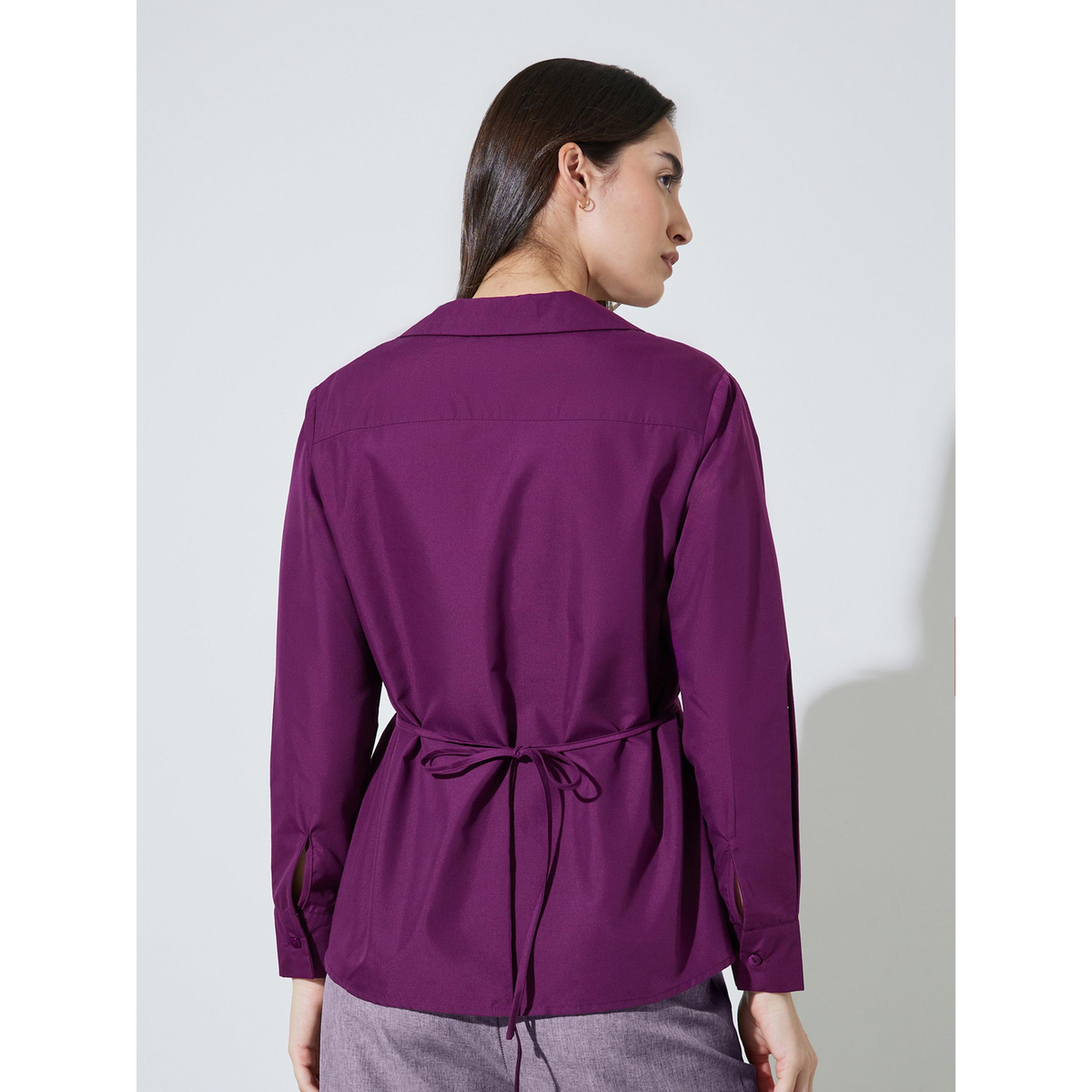 بلوزة بيبلوم بياقة ورباط على الخصر سادة باللون العنابي-women-clothing-shirtsandblouses-blouses-image-4