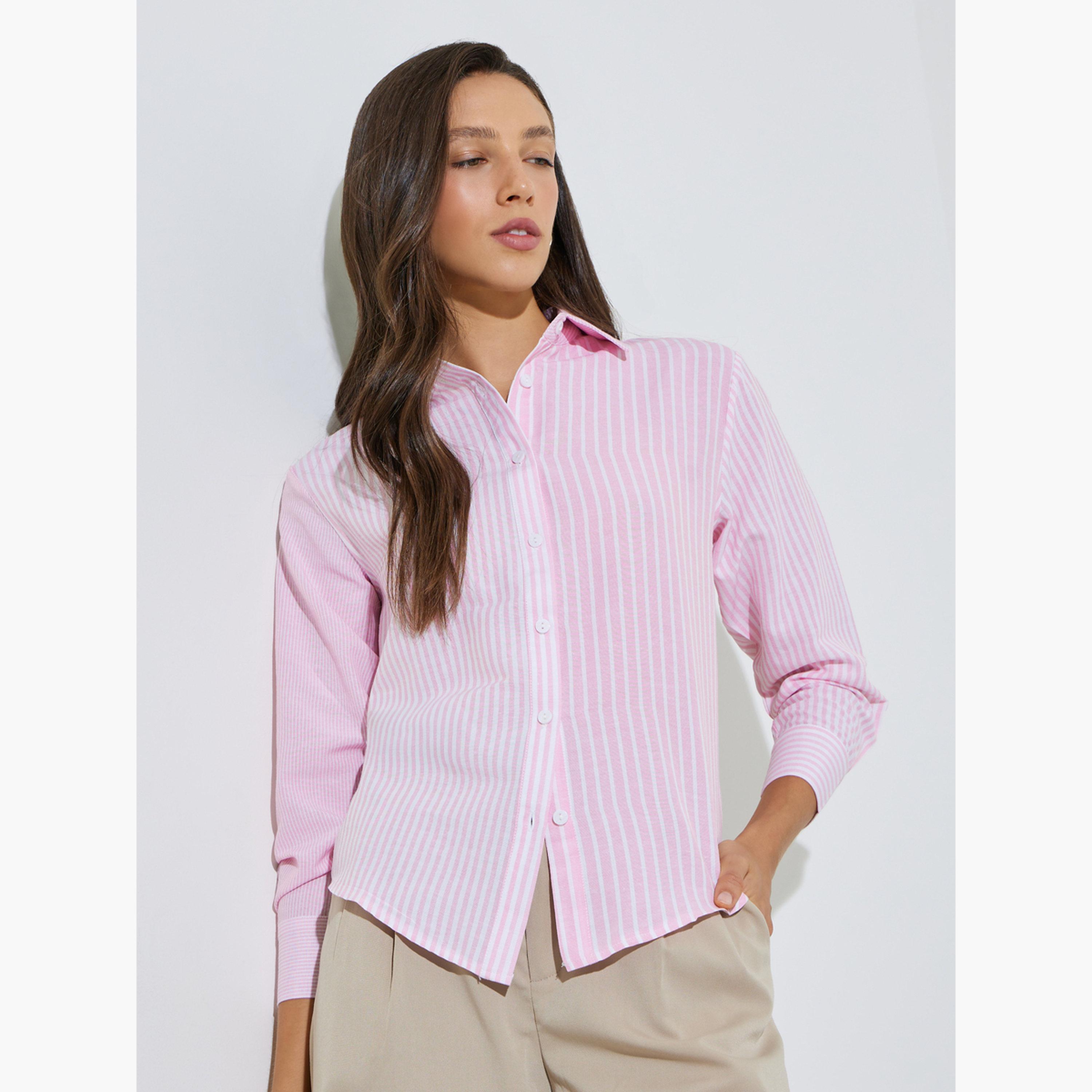 Styli Pink Striped Long Sleeve Shirt-women-clothing-shirtsandblouses-shirts-image-1