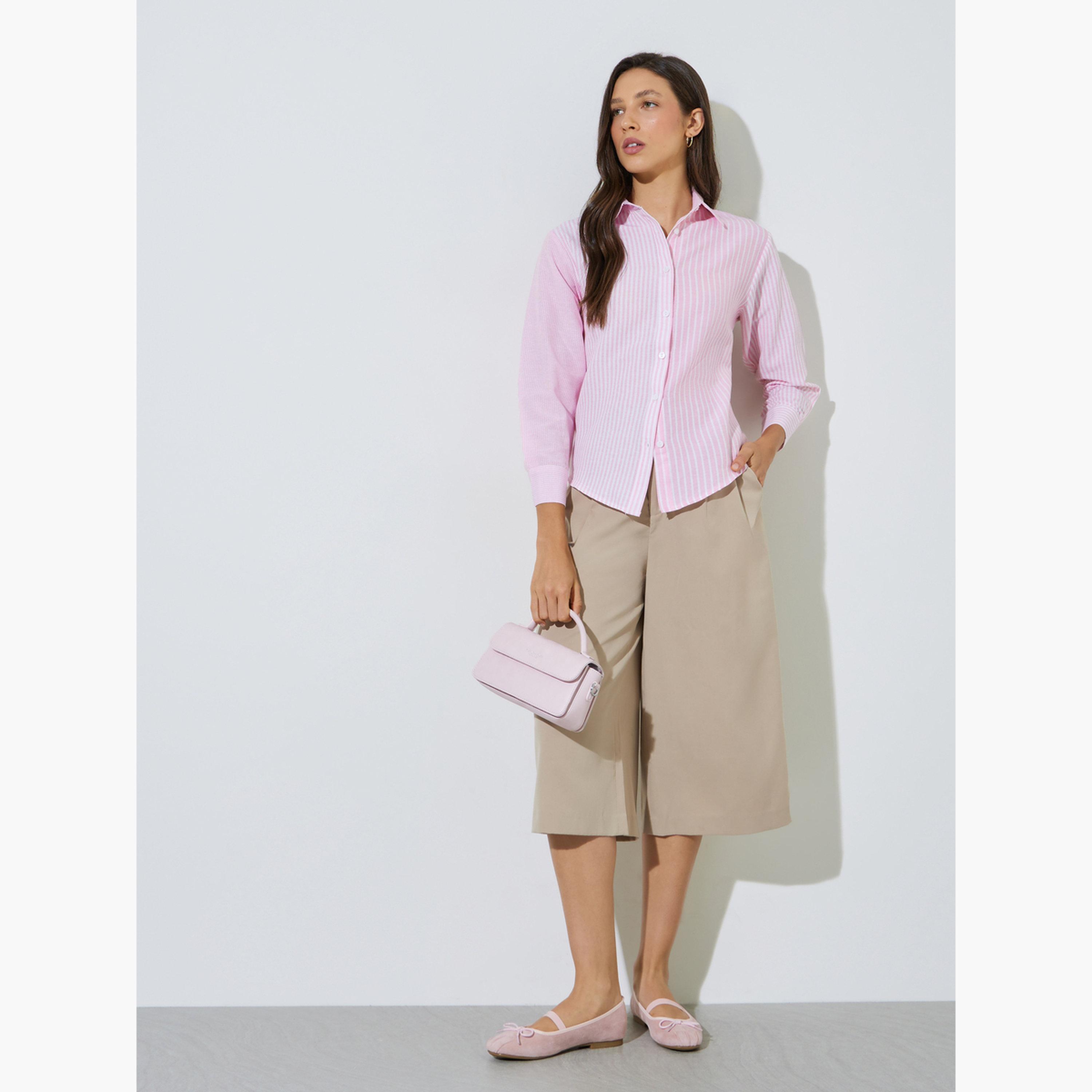 Styli Pink Striped Long Sleeve Shirt-women-clothing-shirtsandblouses-shirts-image-2