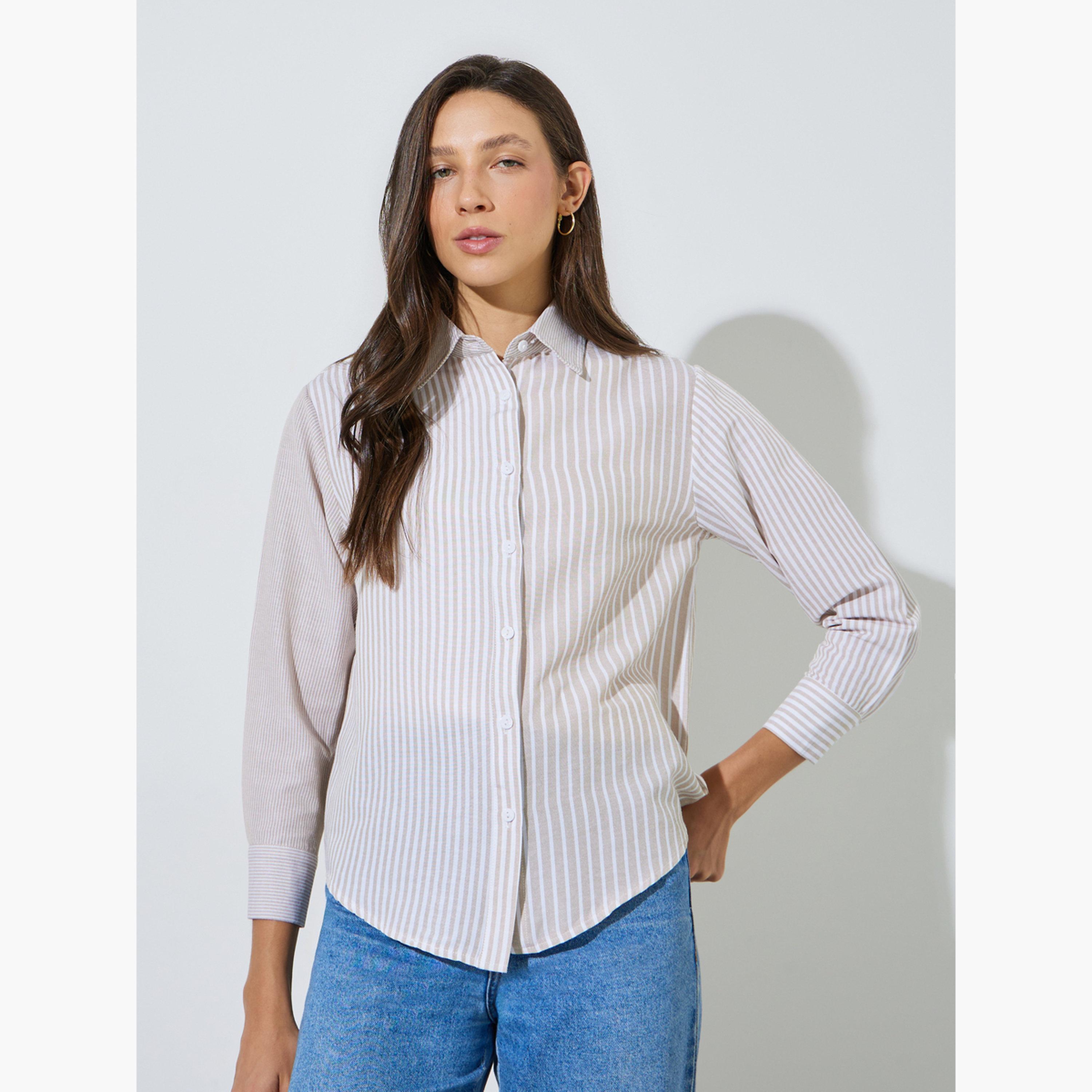 ستايلي - قميص بيج مخطط بأكمام طويلة-women-clothing-shirtsandblouses-shirts-image-1