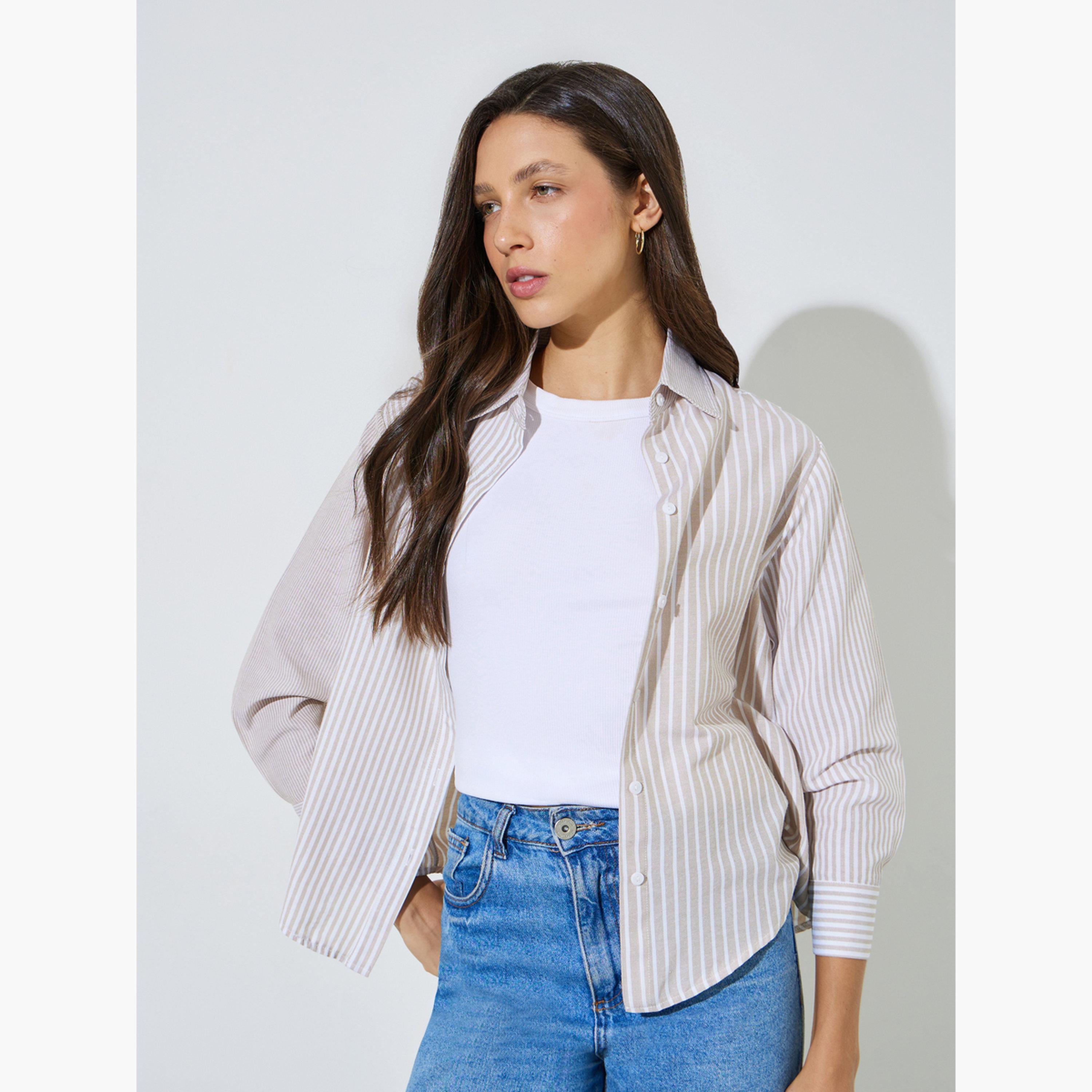 ستايلي - قميص بيج مخطط بأكمام طويلة-women-clothing-shirtsandblouses-shirts-image-3