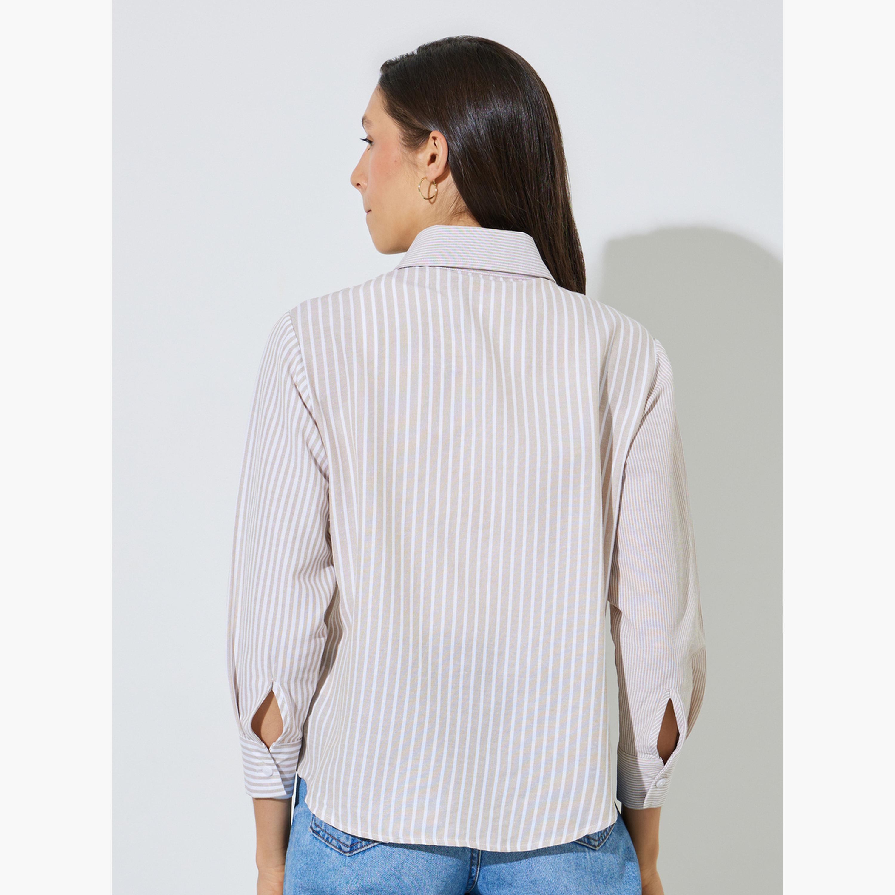 ستايلي - قميص بيج مخطط بأكمام طويلة-women-clothing-shirtsandblouses-shirts-image-4
