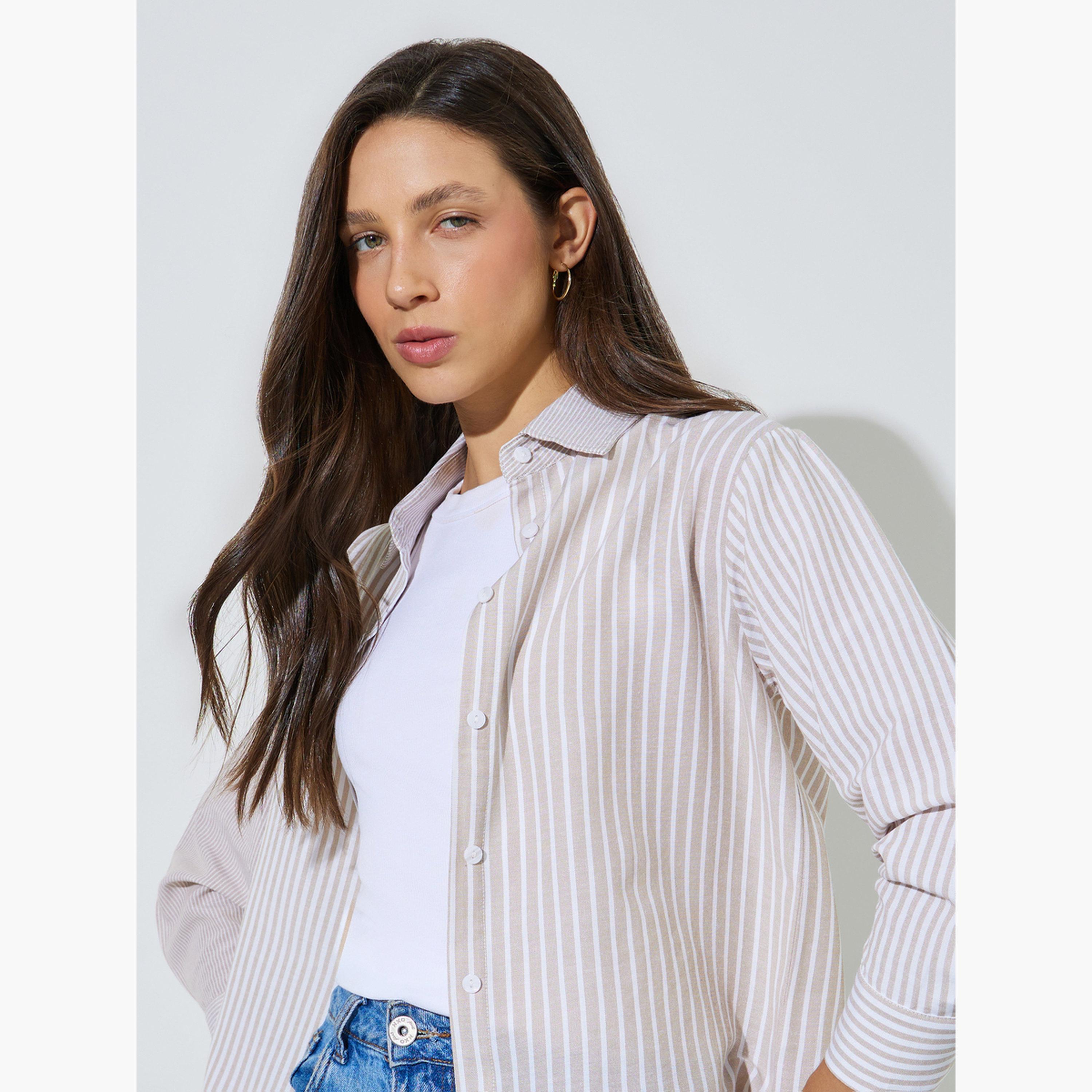 ستايلي - قميص بيج مخطط بأكمام طويلة-women-clothing-shirtsandblouses-shirts-image-5