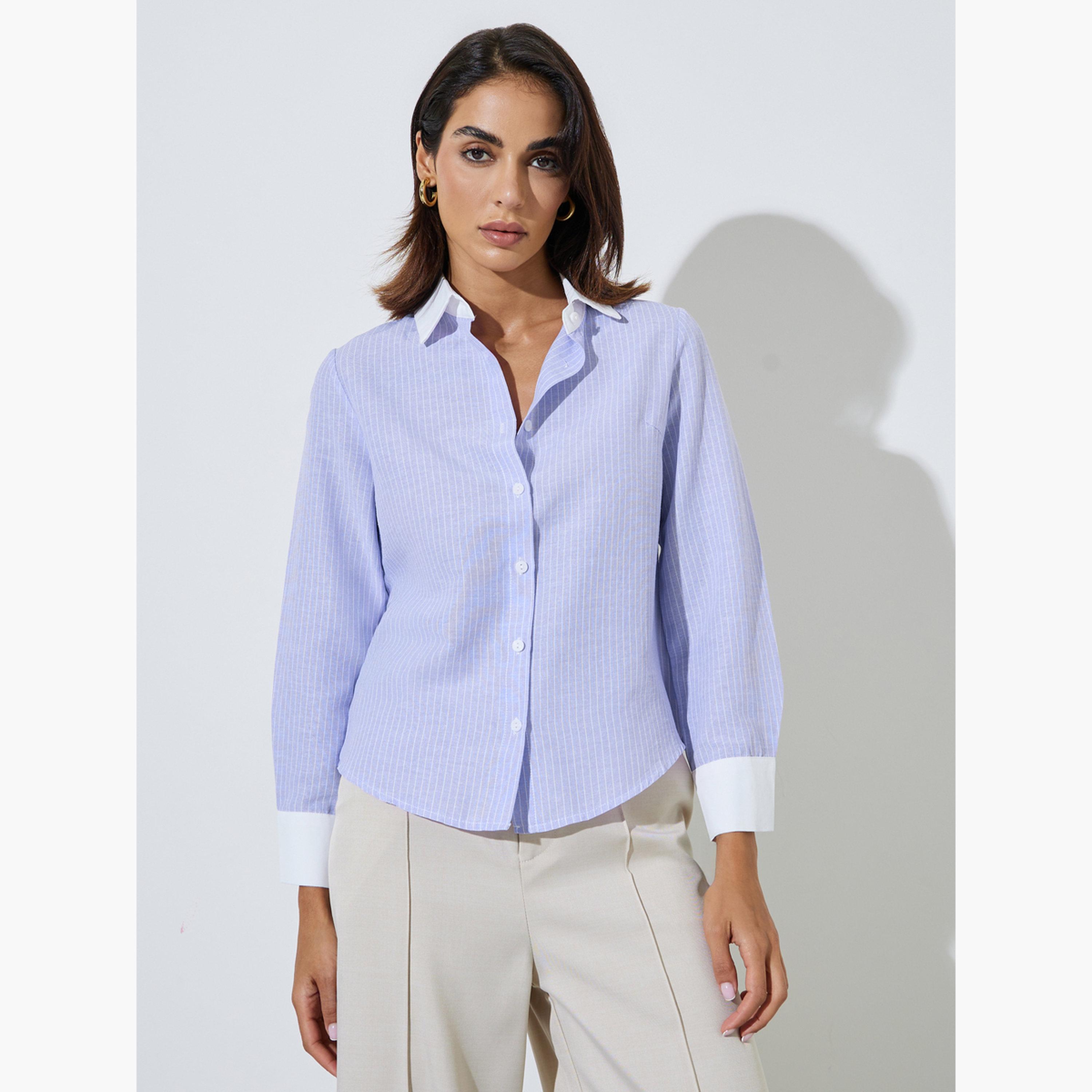 ستايلي - قميص مخطط بلون أرجواني فاتح مع ياقة بلون مغاير-women-clothing-shirtsandblouses-shirts-image-1