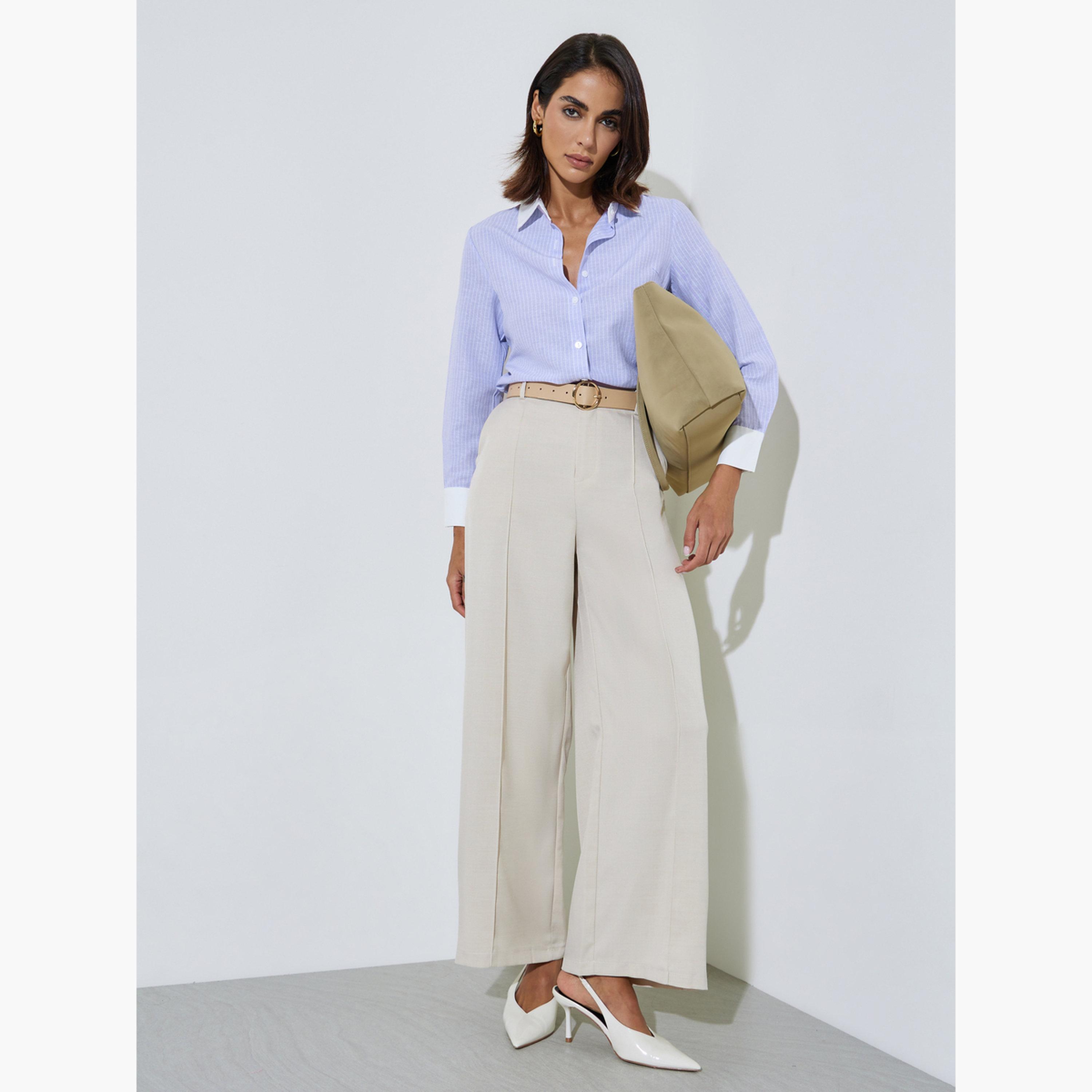 ستايلي - قميص مخطط بلون أرجواني فاتح مع ياقة بلون مغاير-women-clothing-shirtsandblouses-shirts-image-2