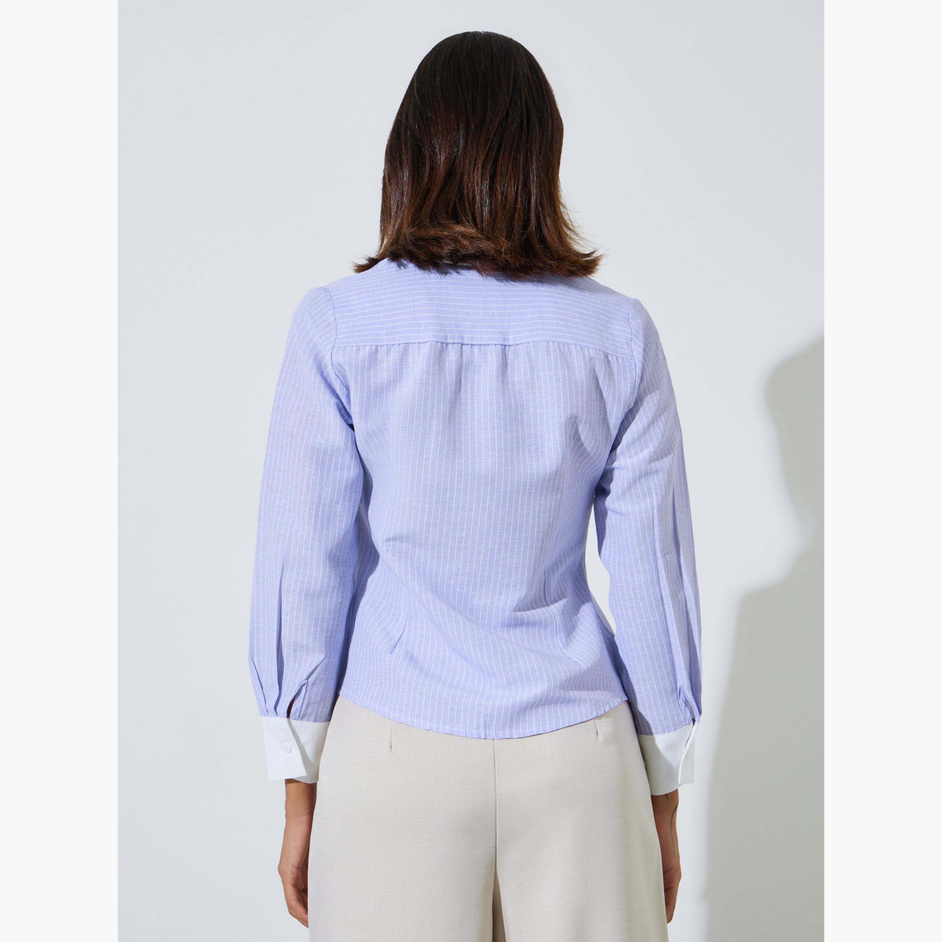 ستايلي - قميص مخطط بلون أرجواني فاتح مع ياقة بلون مغاير-women-clothing-shirtsandblouses-shirts-image-4