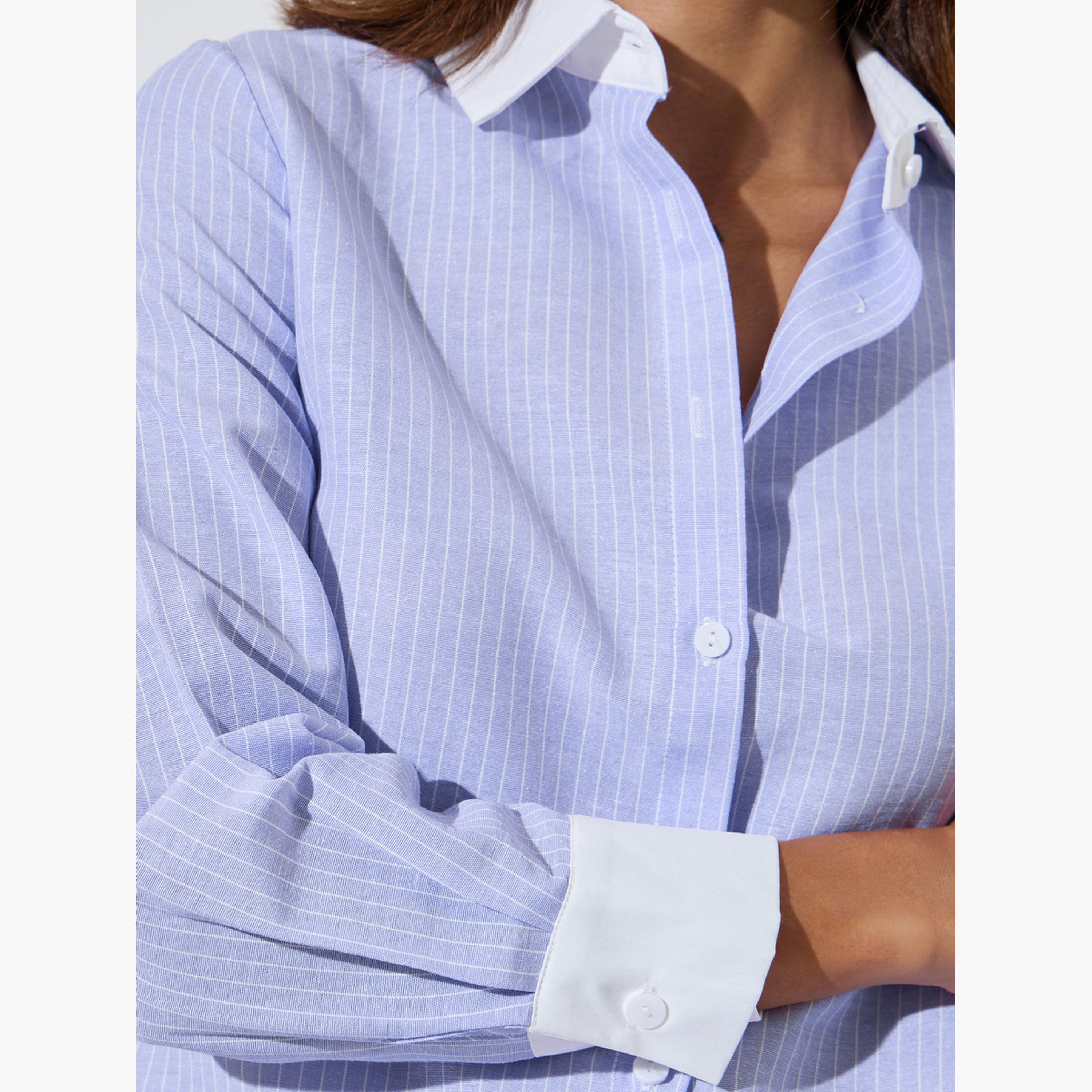 ستايلي - قميص مخطط بلون أرجواني فاتح مع ياقة بلون مغاير-women-clothing-shirtsandblouses-shirts-image-5