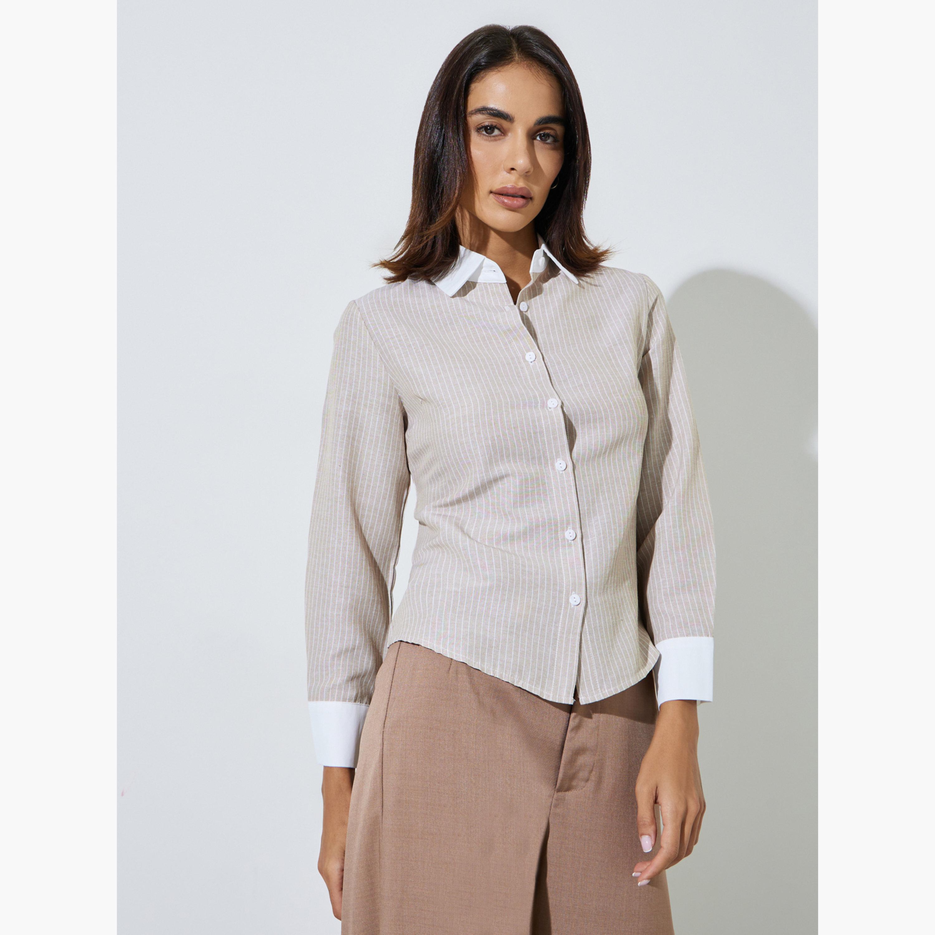 ستايلي - قميص بيج مخطط بياقة بلون مغاير-women-clothing-shirtsandblouses-shirts-image-1