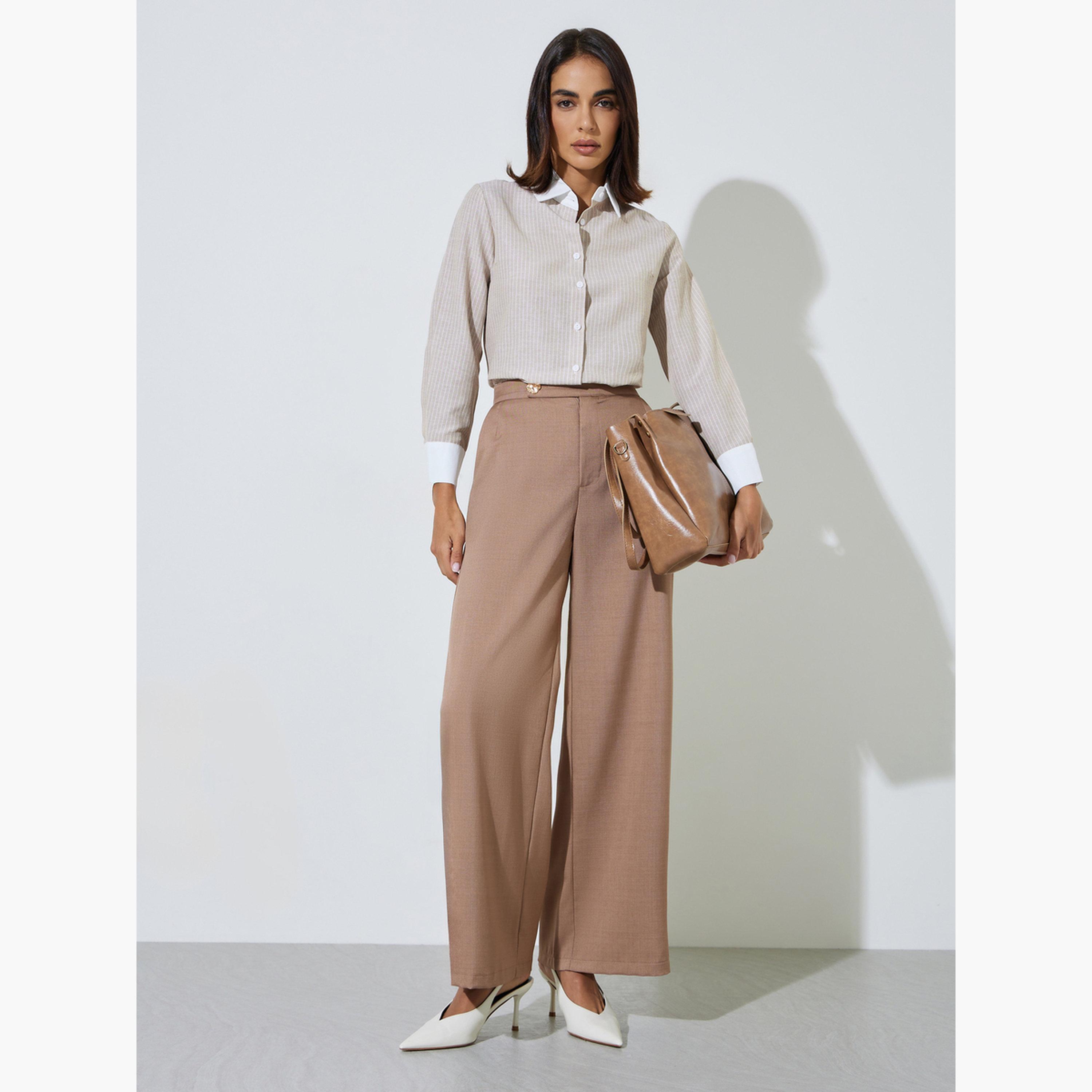 ستايلي - قميص بيج مخطط بياقة بلون مغاير-women-clothing-shirtsandblouses-shirts-image-2