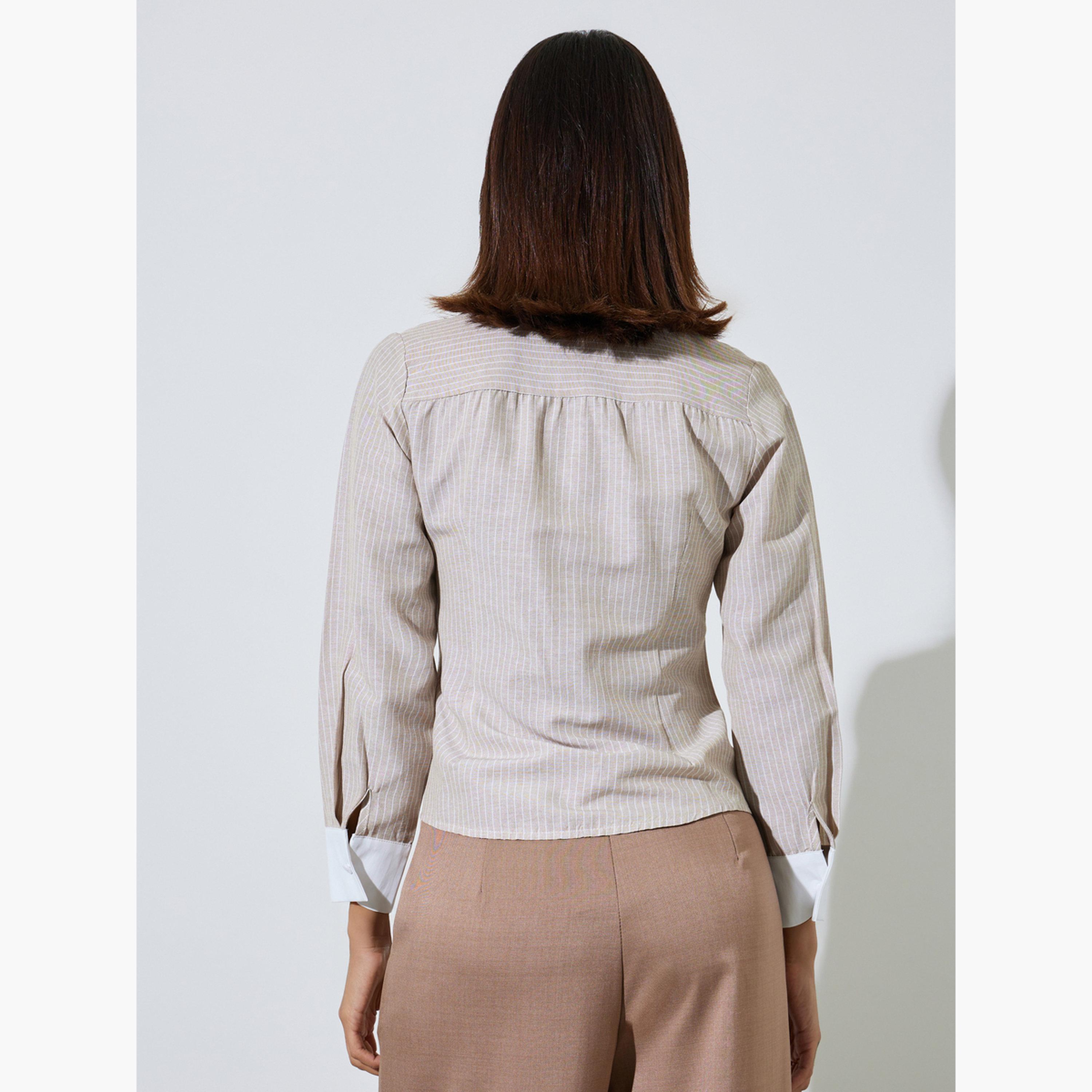 ستايلي - قميص بيج مخطط بياقة بلون مغاير-women-clothing-shirtsandblouses-shirts-image-4