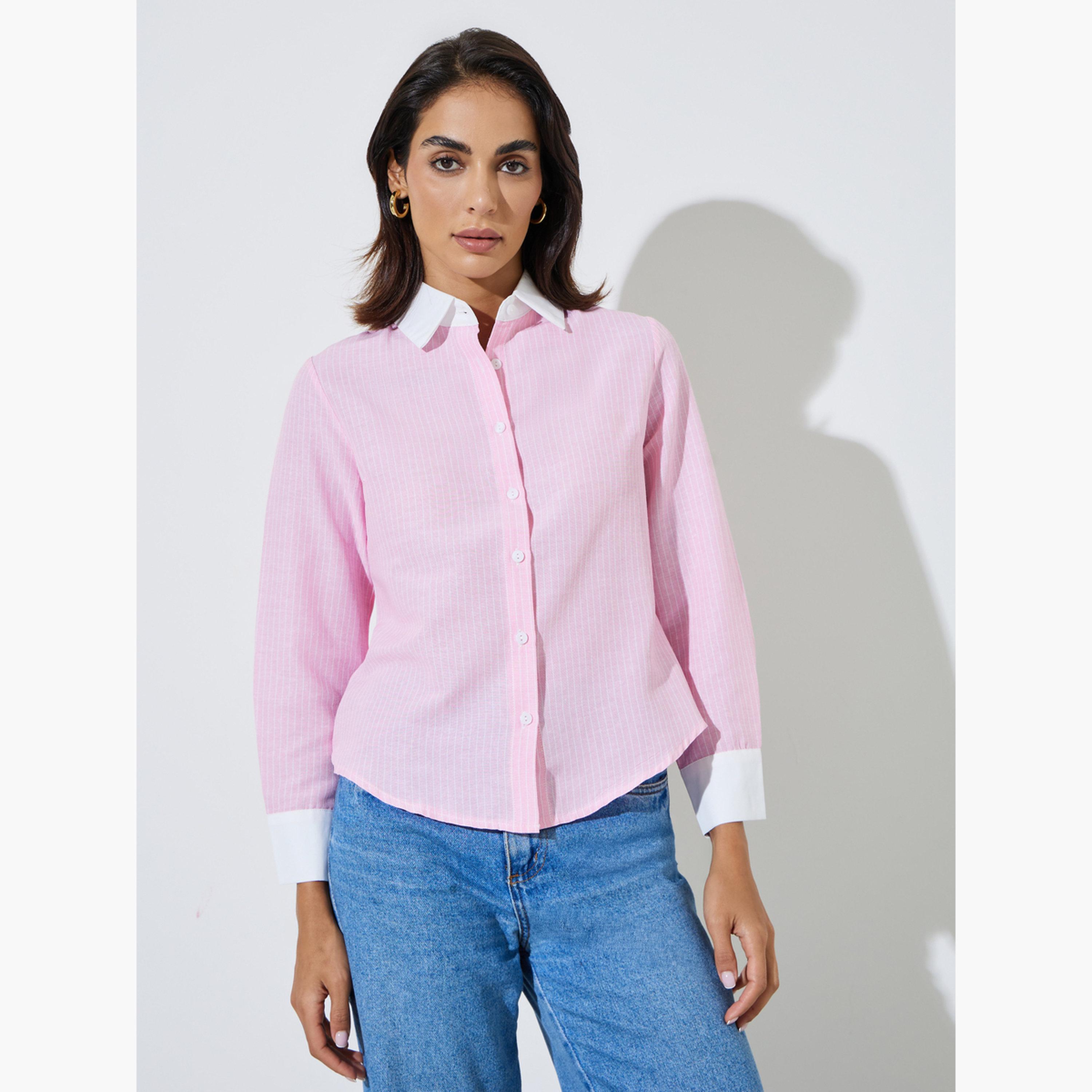 ستايلي - قميص مخطط باللون الوردي مع ياقة بلون مغاير-women-clothing-shirtsandblouses-shirts-image-1