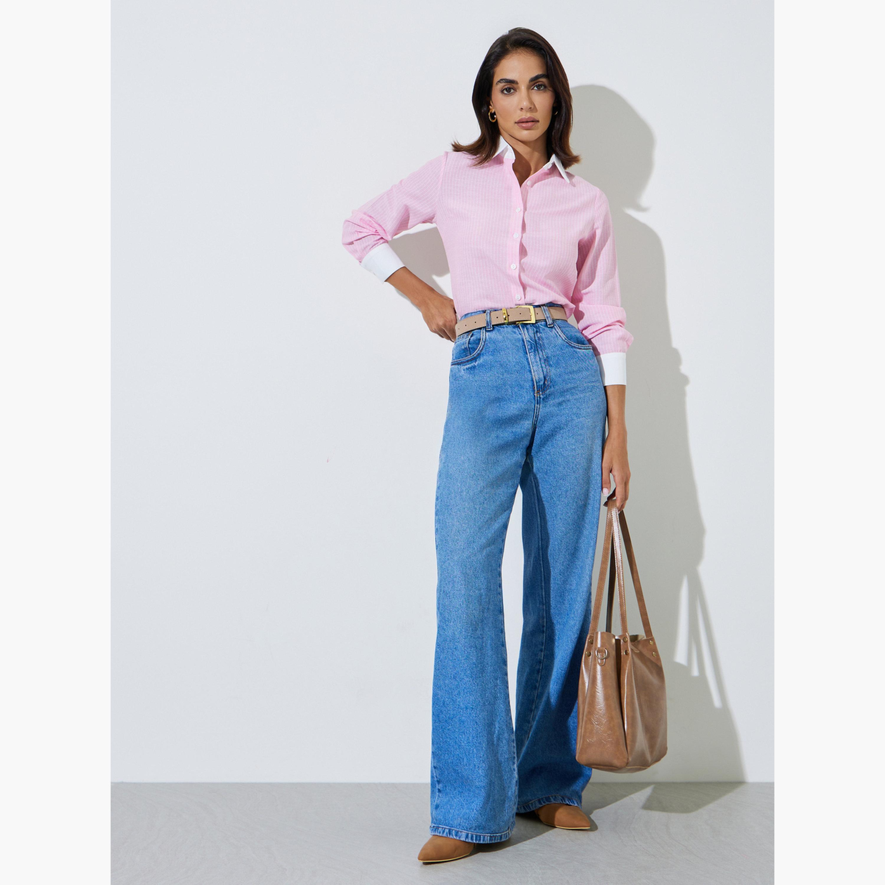 ستايلي - قميص مخطط باللون الوردي مع ياقة بلون مغاير-women-clothing-shirtsandblouses-shirts-image-2