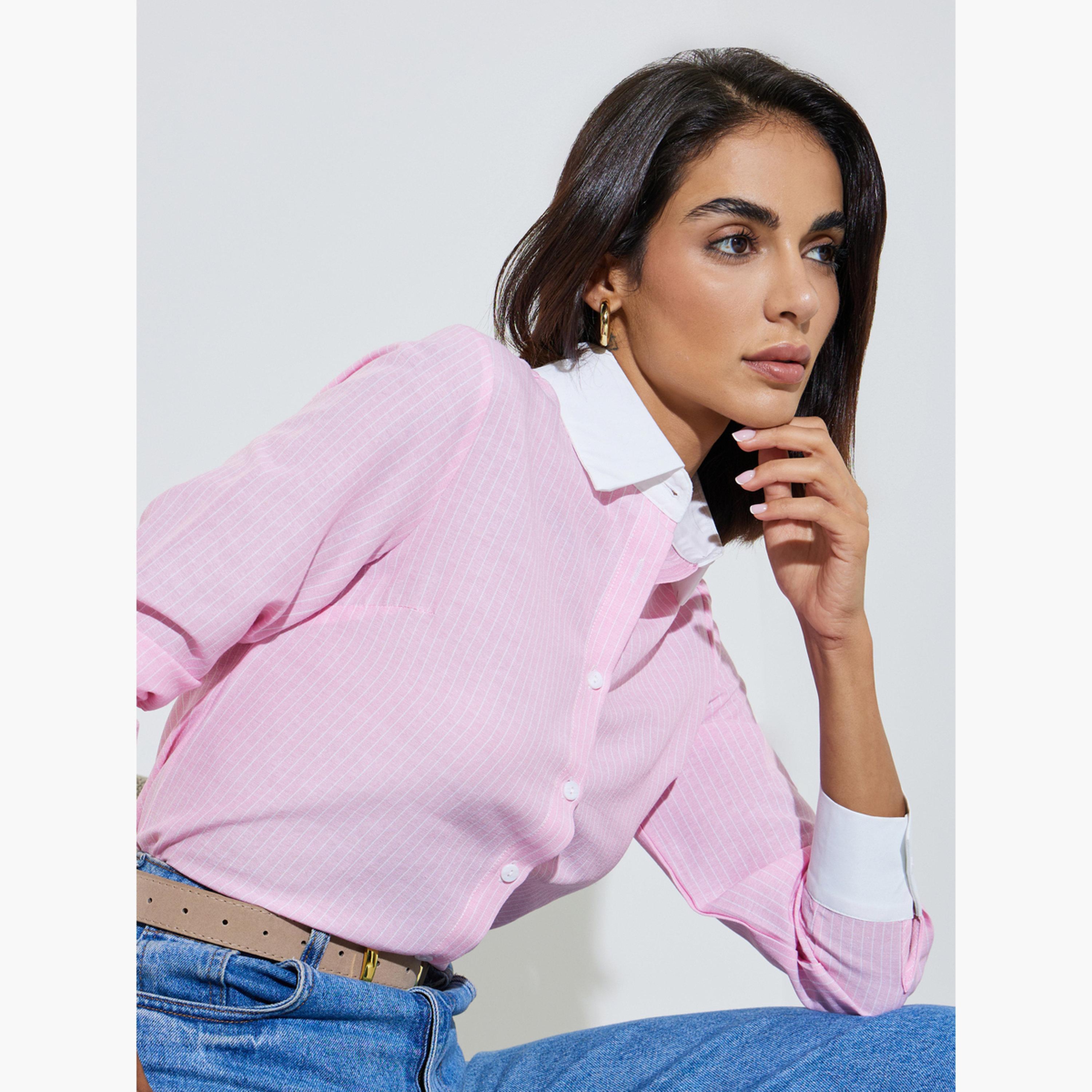 ستايلي - قميص مخطط باللون الوردي مع ياقة بلون مغاير-women-clothing-shirtsandblouses-shirts-image-3