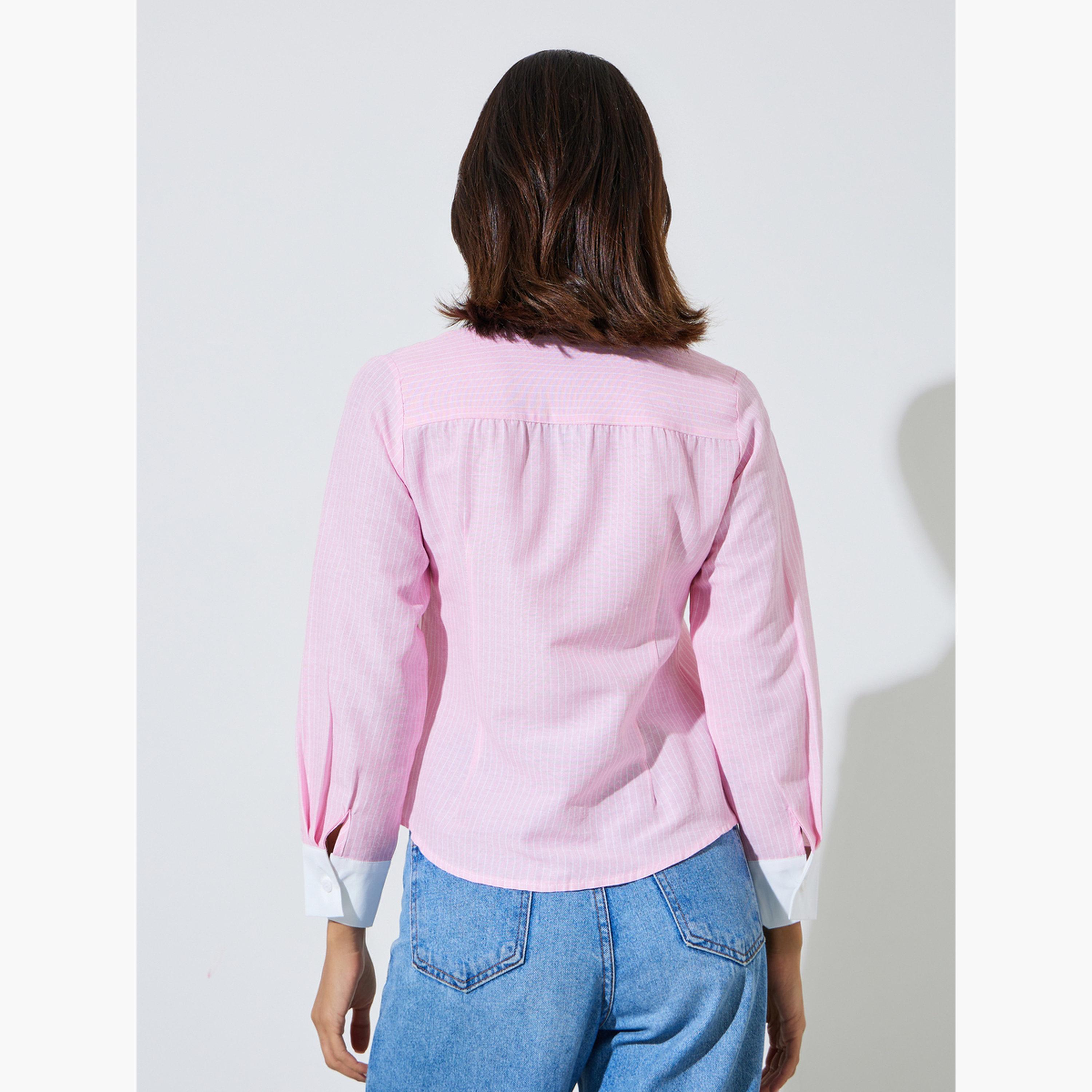 ستايلي - قميص مخطط باللون الوردي مع ياقة بلون مغاير-women-clothing-shirtsandblouses-shirts-image-4