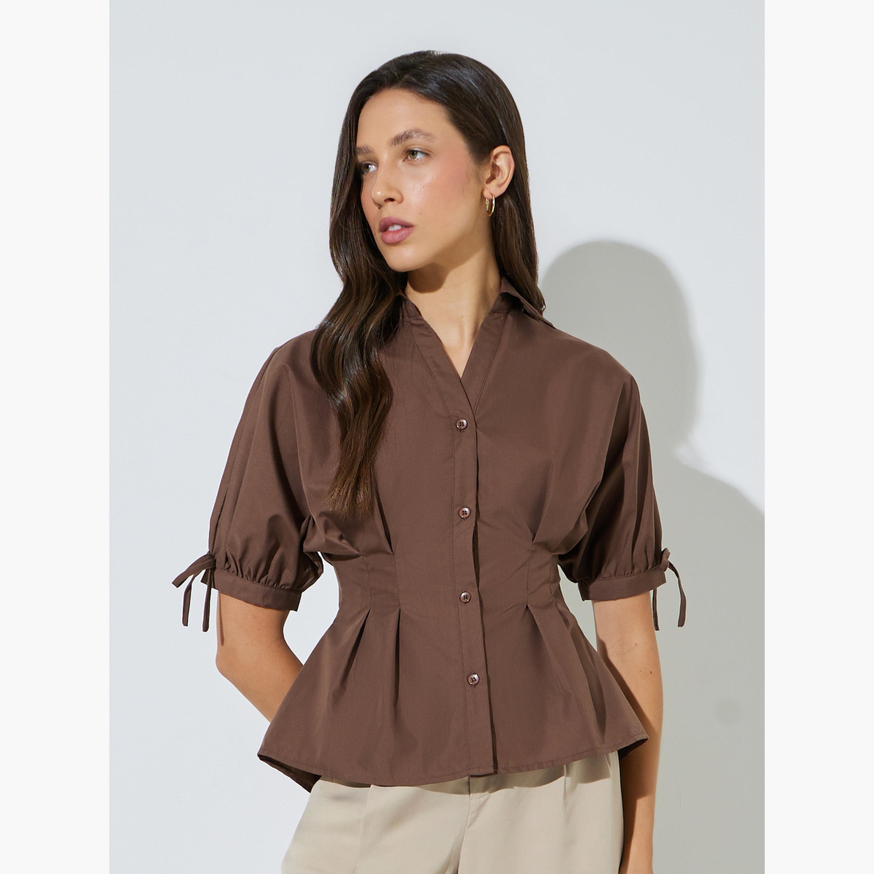 ستايلي - قميص بني بتصميم بيبلوم مع ربطة عنق-women-clothing-shirtsandblouses-blouses-image-1