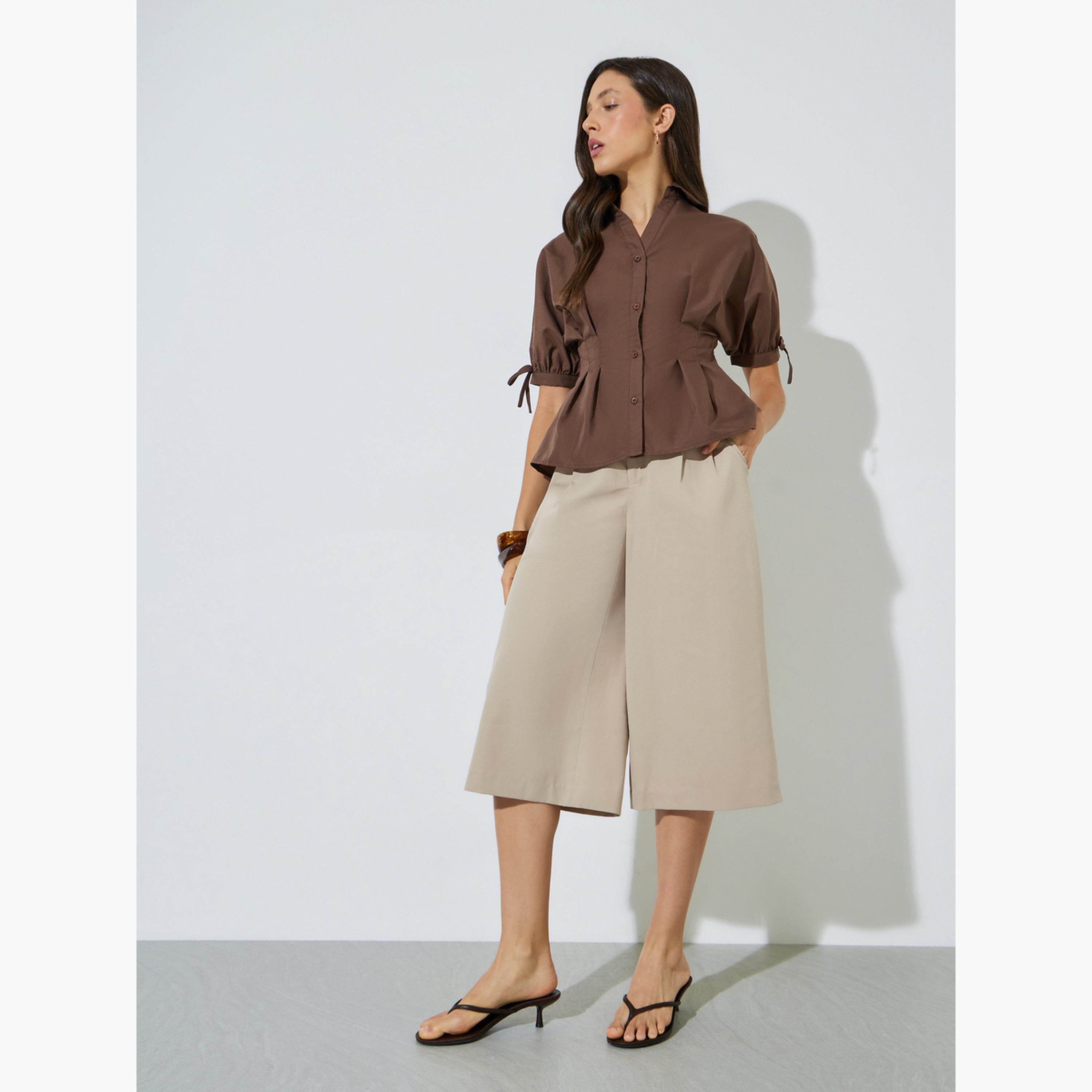 ستايلي - قميص بني بتصميم بيبلوم مع ربطة عنق-women-clothing-shirtsandblouses-blouses-image-2