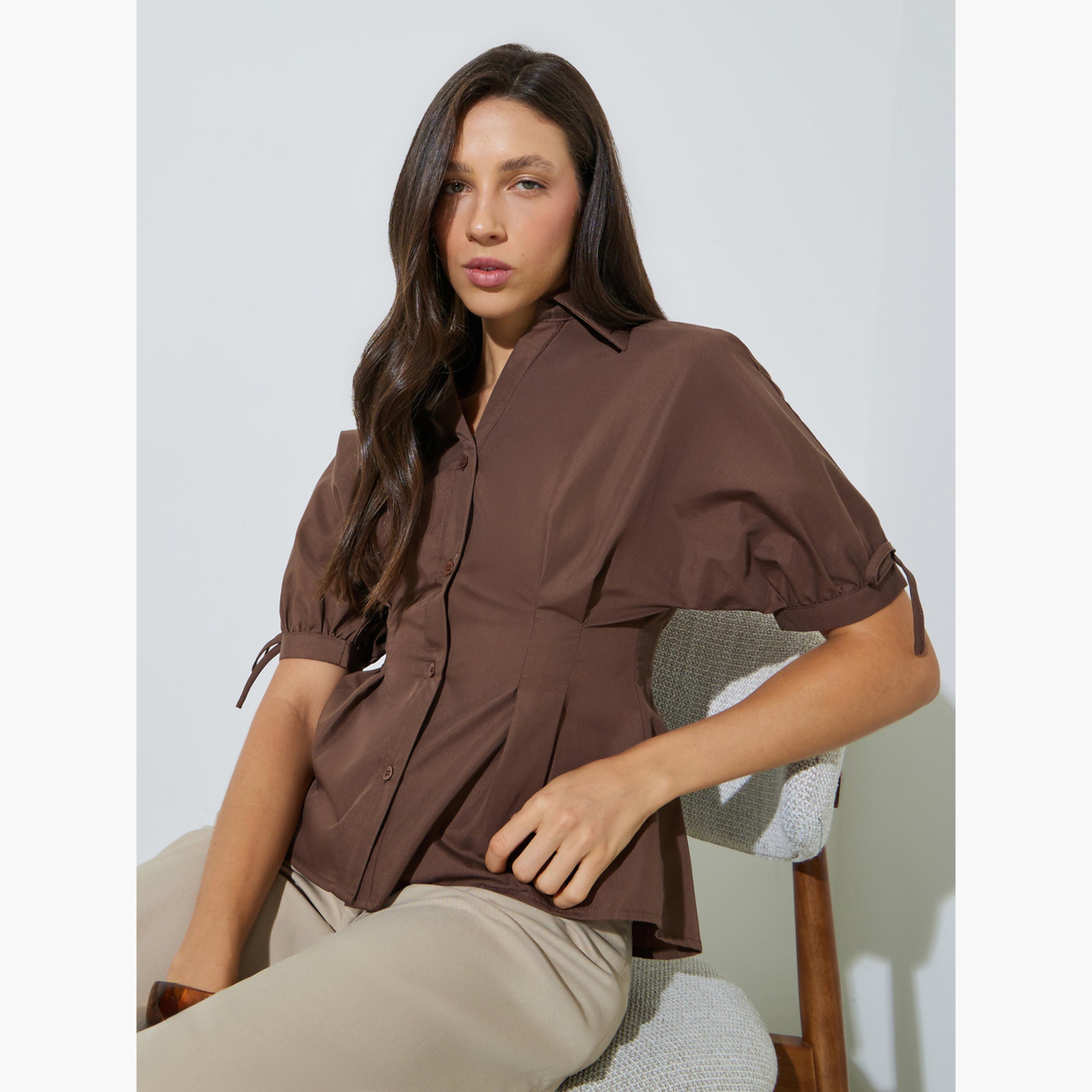 ستايلي - قميص بني بتصميم بيبلوم مع ربطة عنق-women-clothing-shirtsandblouses-blouses-image-3
