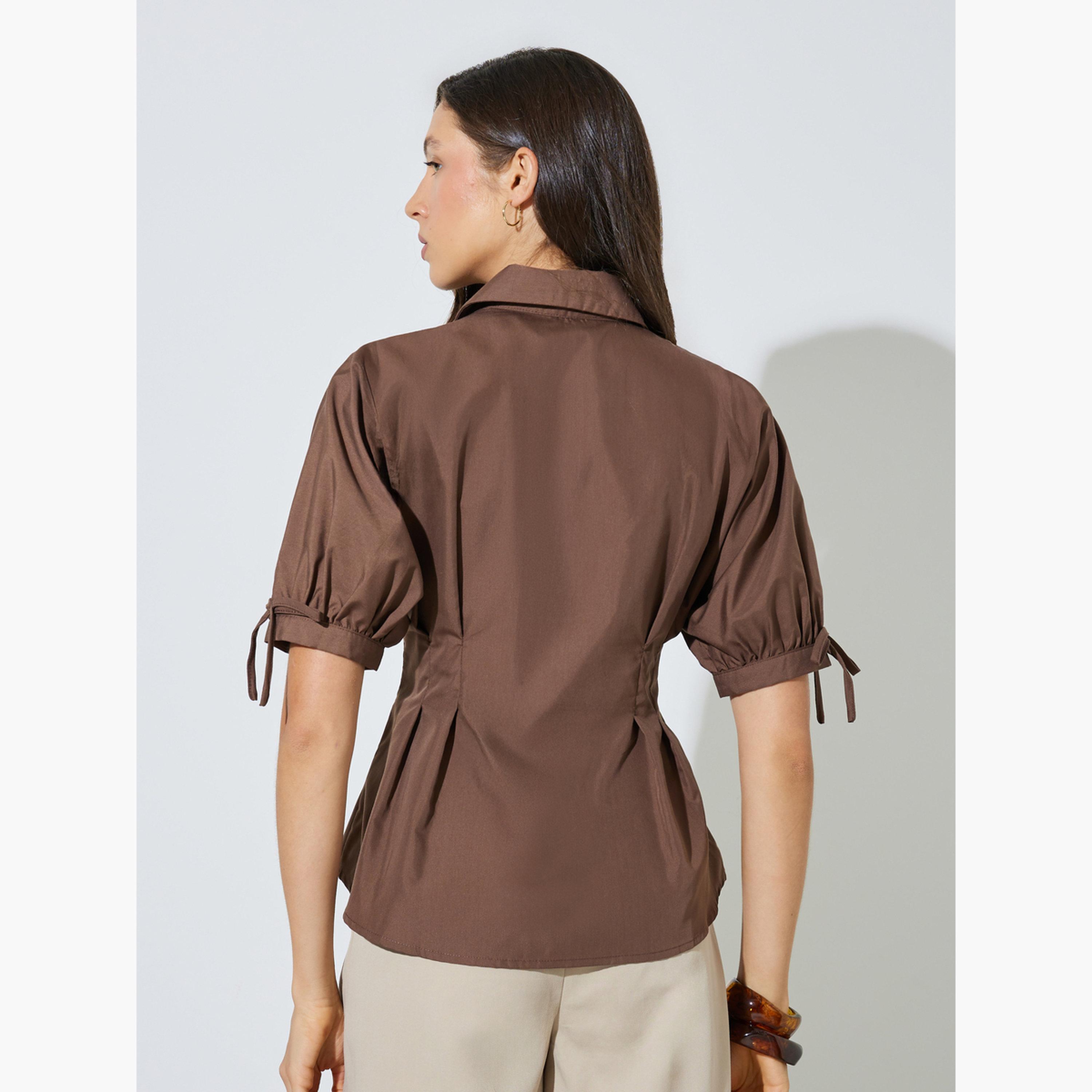 ستايلي - قميص بني بتصميم بيبلوم مع ربطة عنق-women-clothing-shirtsandblouses-blouses-image-4