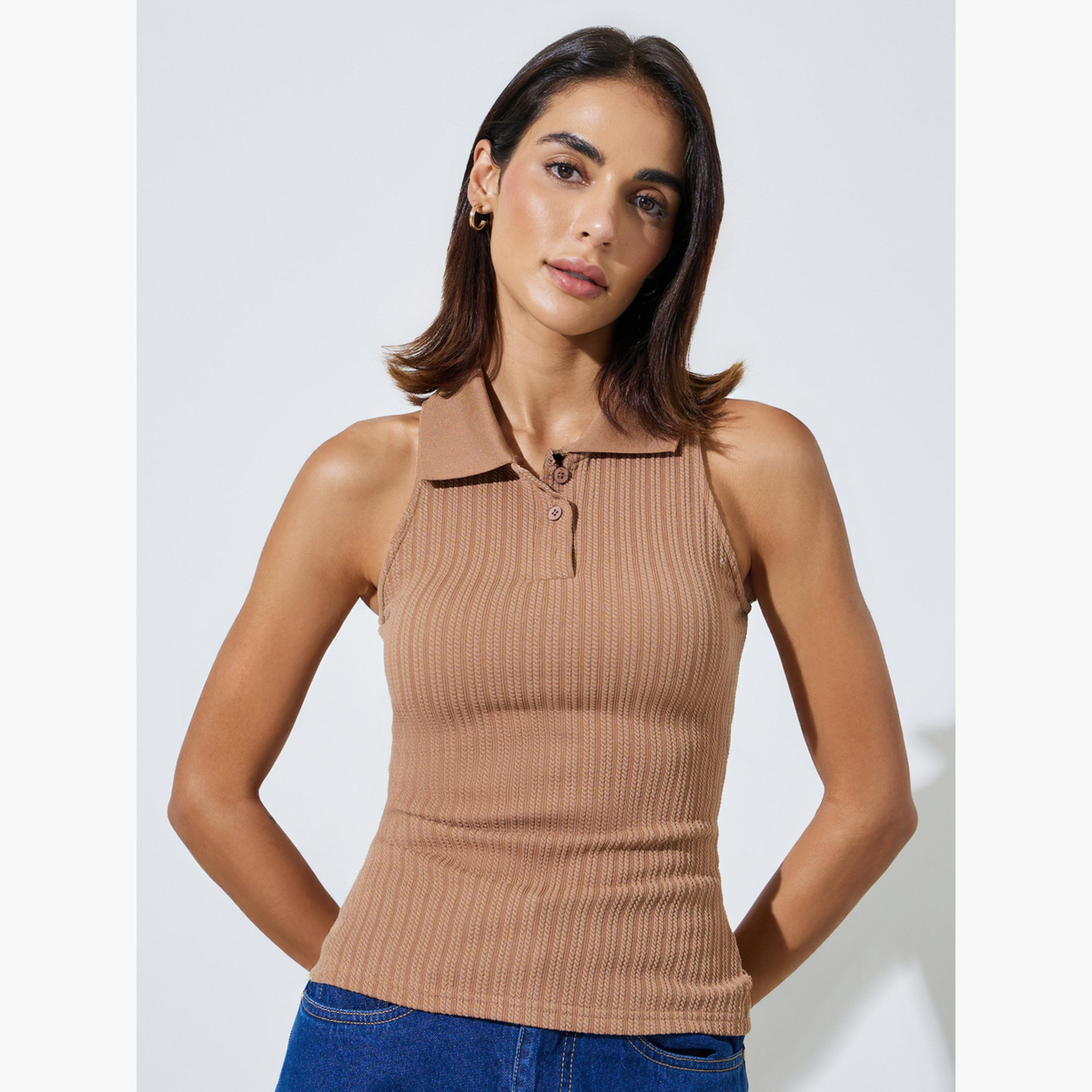 ستايلي - بلوزة بنية اللون بدون أكمام ضيقة محبوكة مضلعة-women-clothing-tshirts-image-1