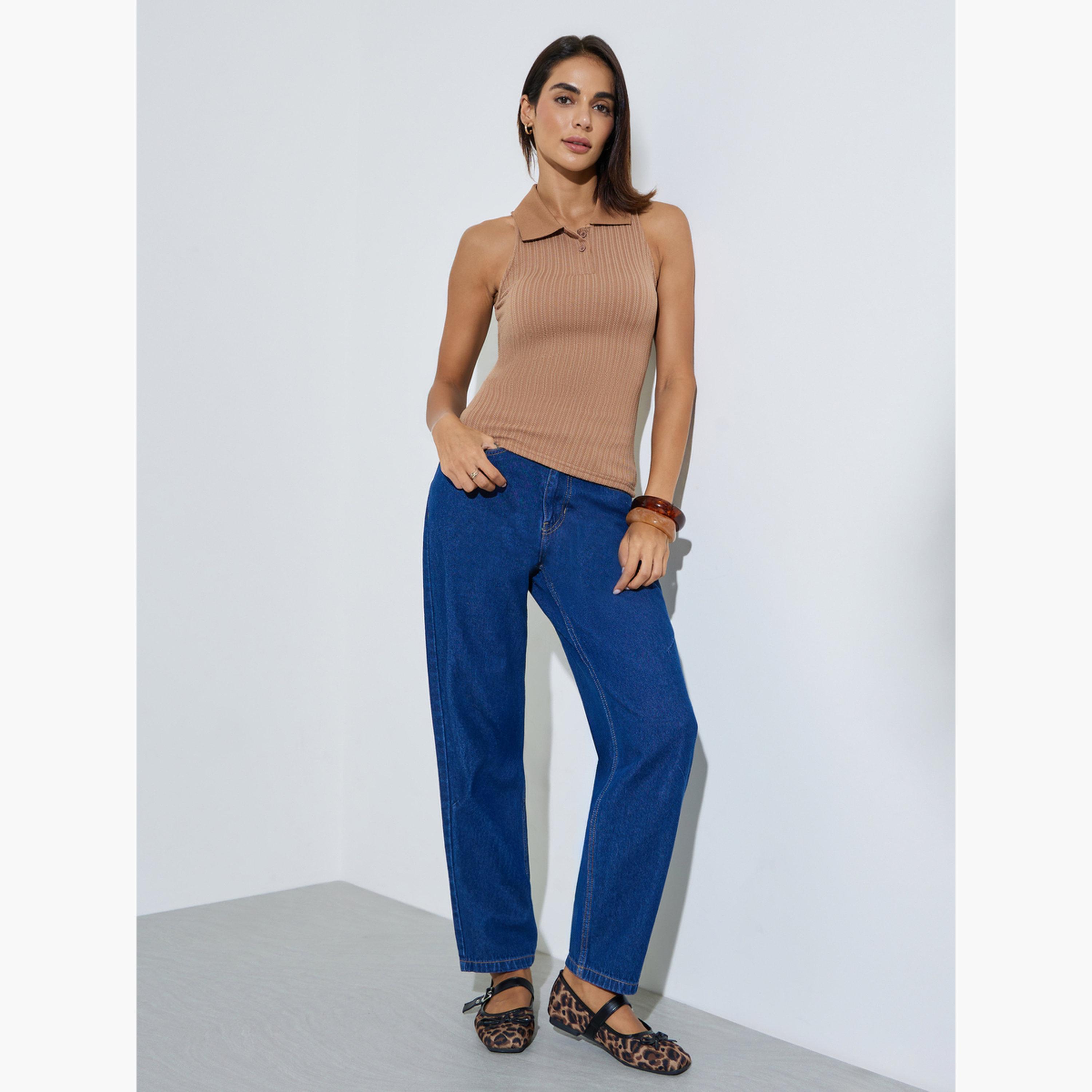 ستايلي - بلوزة بنية اللون بدون أكمام ضيقة محبوكة مضلعة-women-clothing-tshirts-image-2