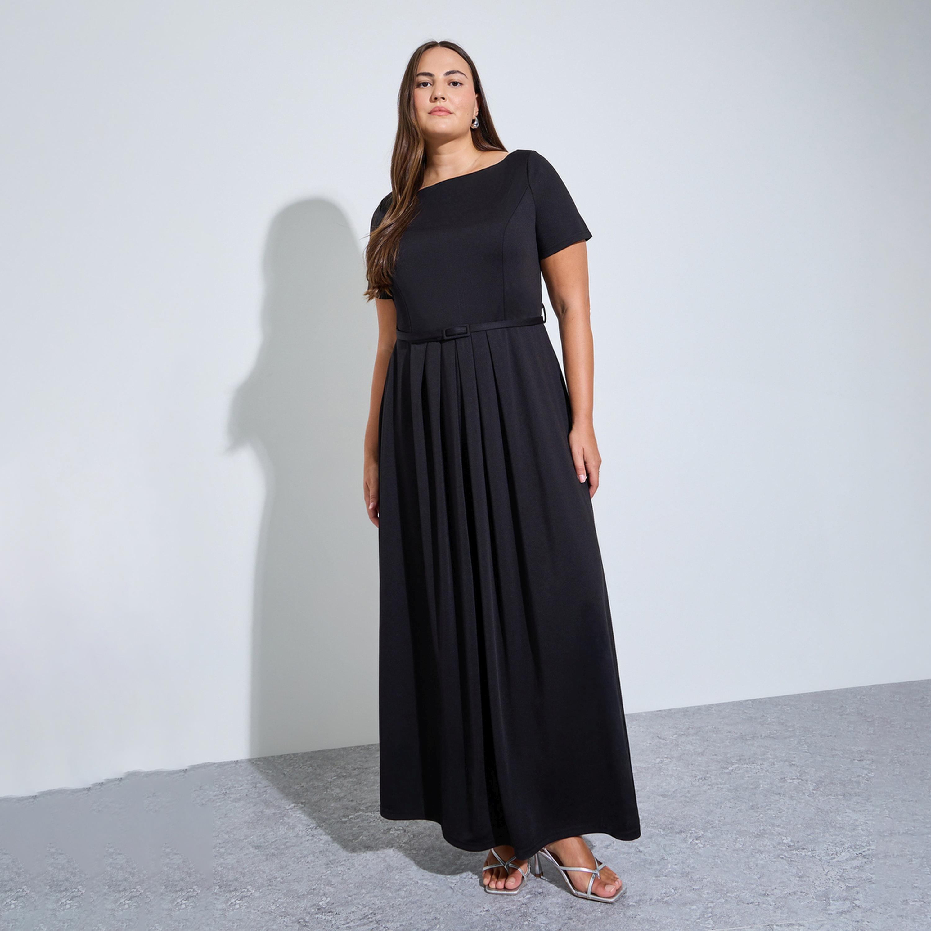 Styli Plus Size Black Belted A-Line Maxi Dress-women-clothing-dresses-image-1