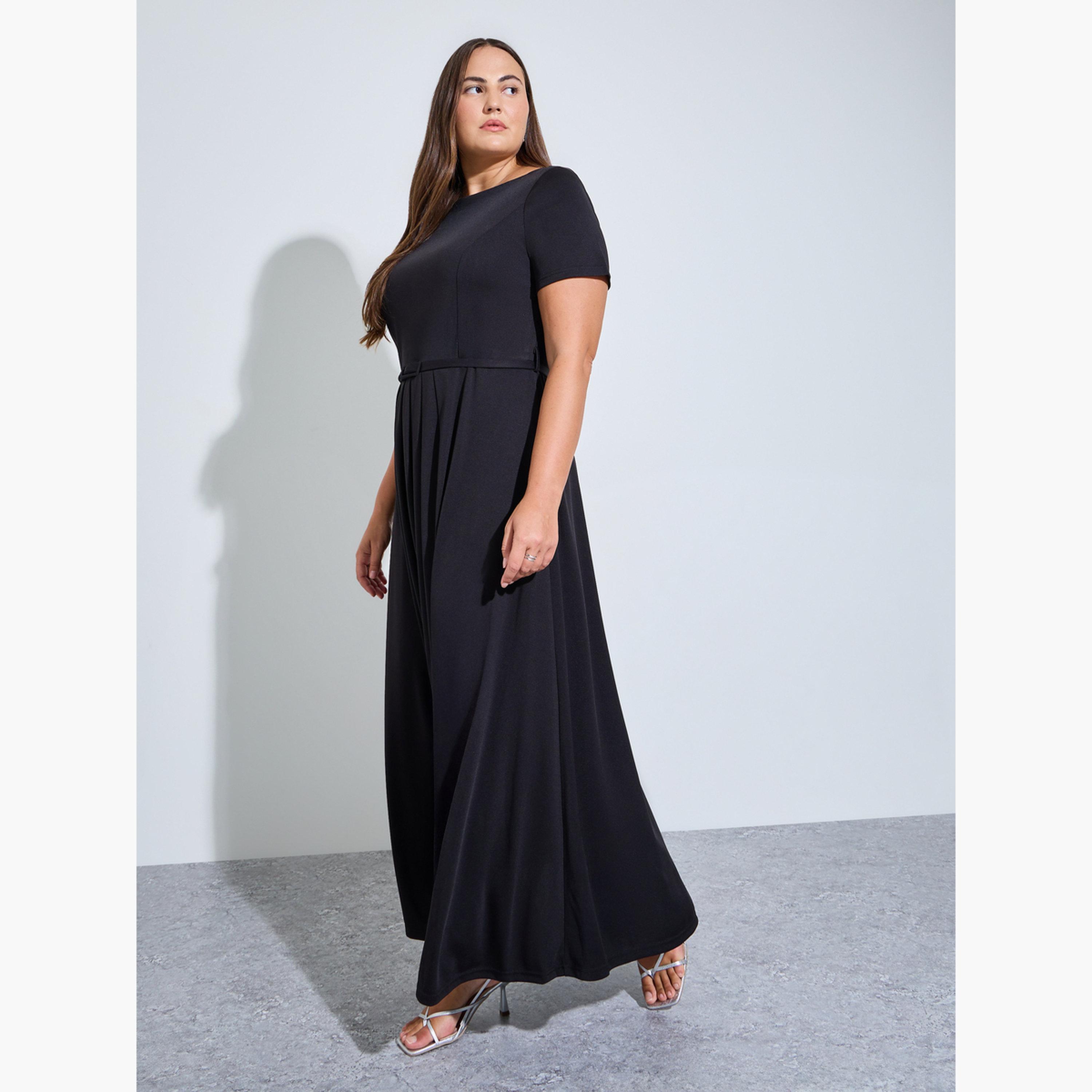 Styli Plus Size Black Belted A-Line Maxi Dress-women-clothing-dresses-image-3