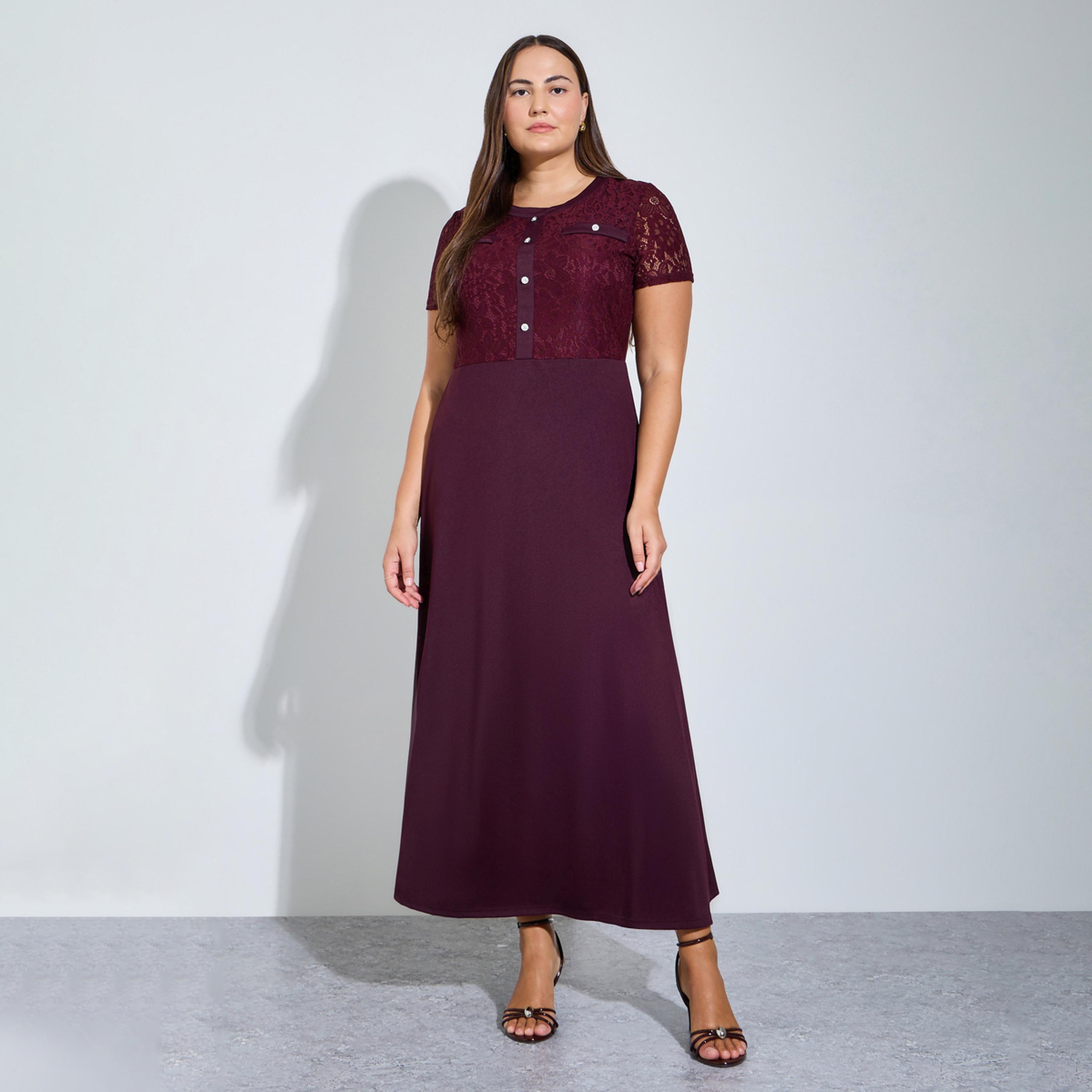 Styli Plus Size Burgundy Lace Details A-Line Maxi Dress-women-clothing-dresses-image-1