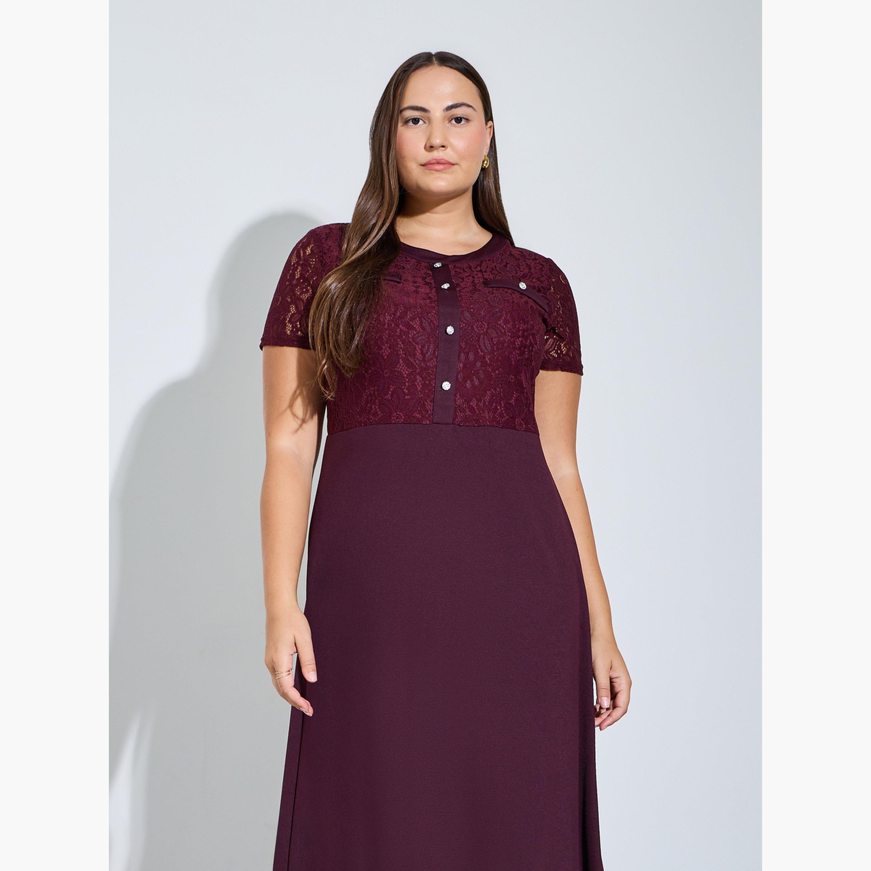 Styli Plus Size Burgundy Lace Details A-Line Maxi Dress-women-clothing-dresses-image-2