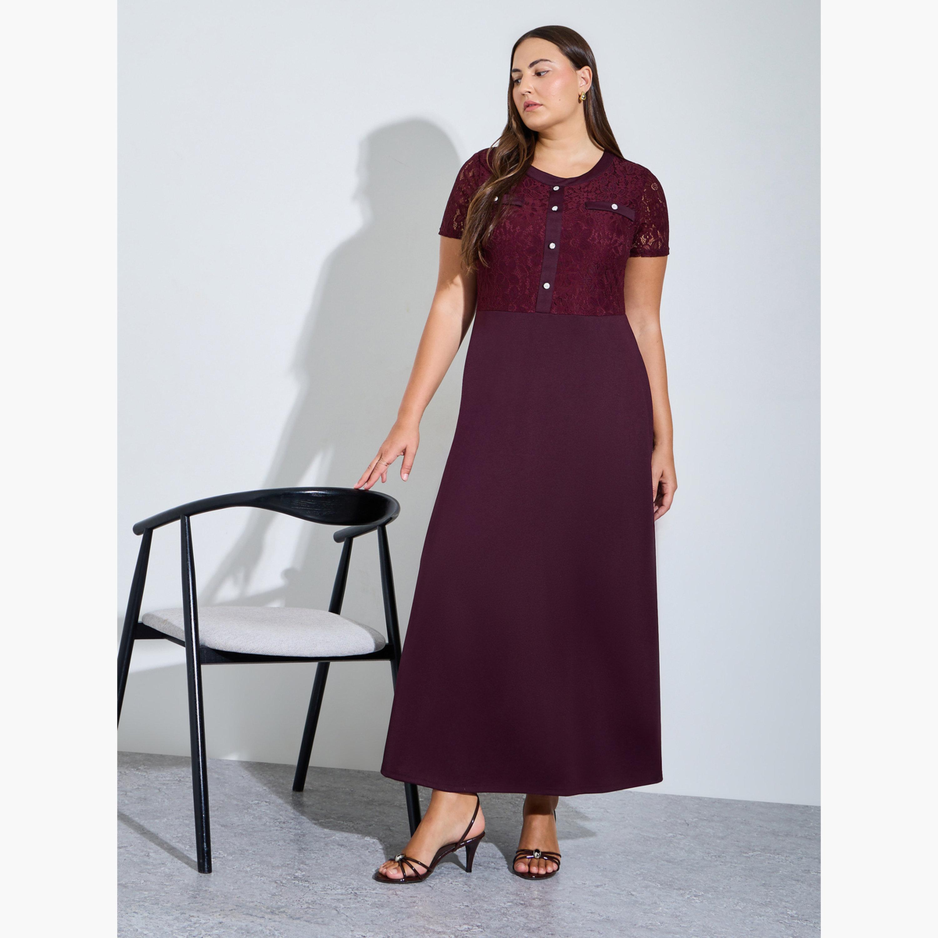 Styli Plus Size Burgundy Lace Details A-Line Maxi Dress-women-clothing-dresses-image-3