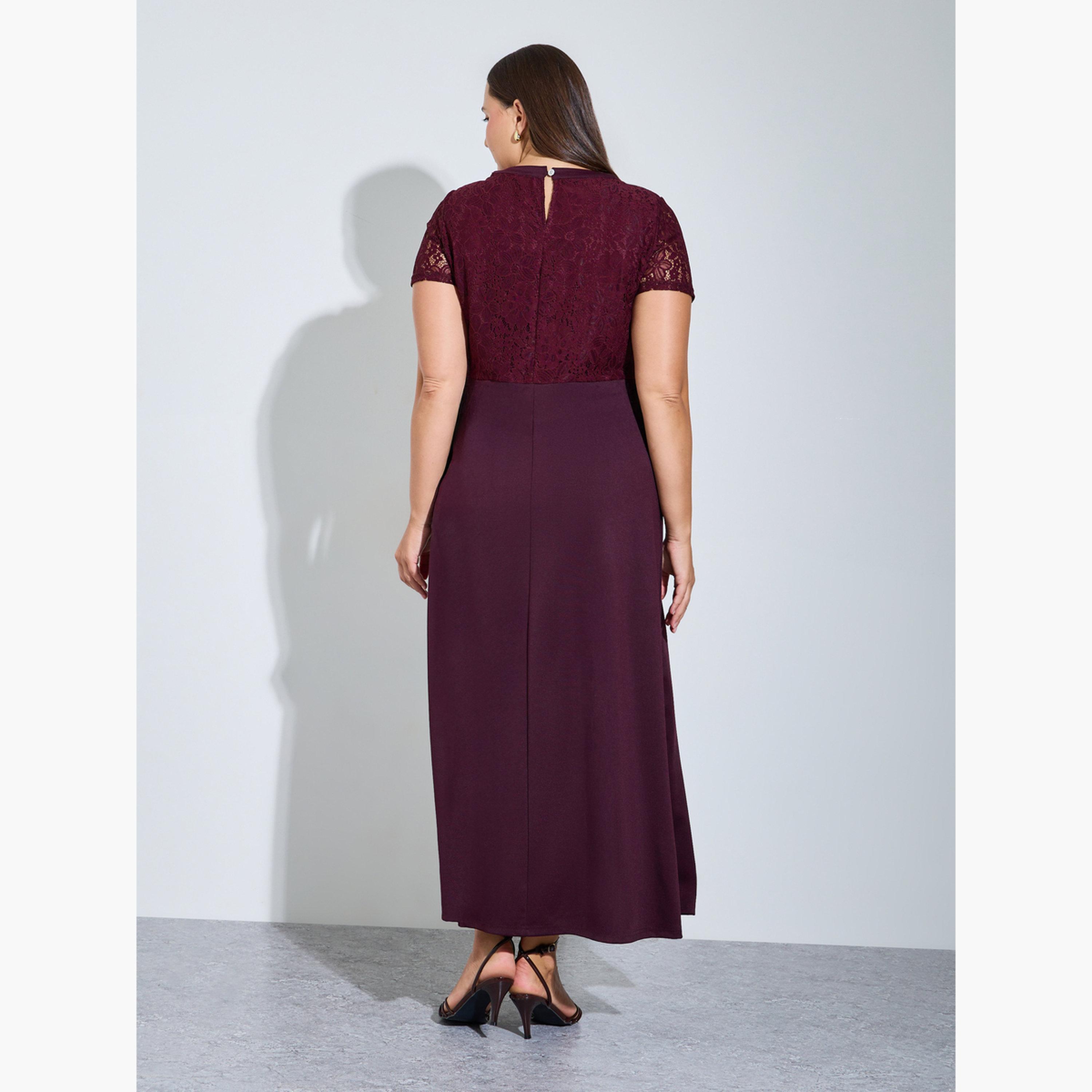 Styli Plus Size Burgundy Lace Details A-Line Maxi Dress-women-clothing-dresses-image-4