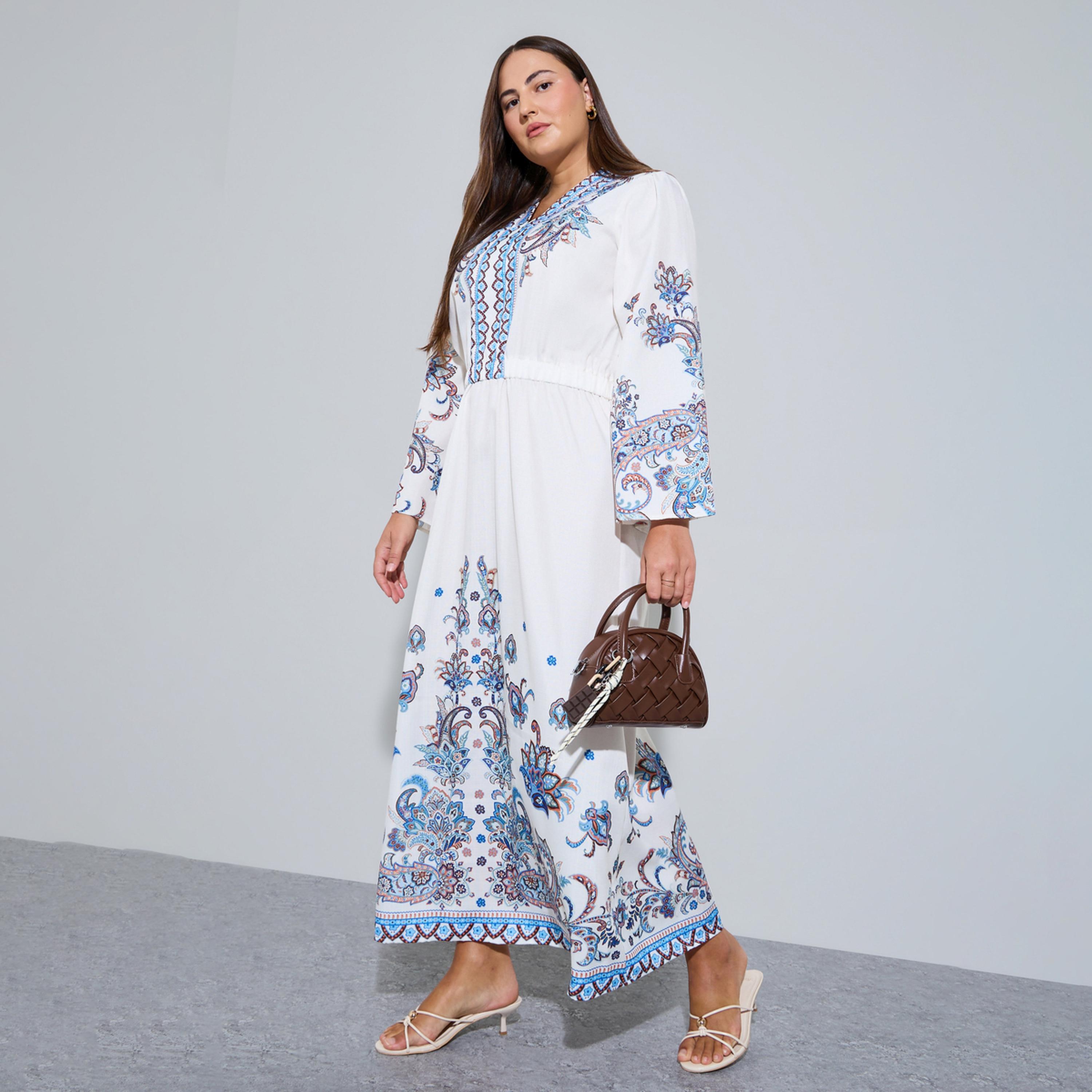 Styli Plus Size White Placement Print A-Line Maxi Dress-women-clothing-dresses-image-1