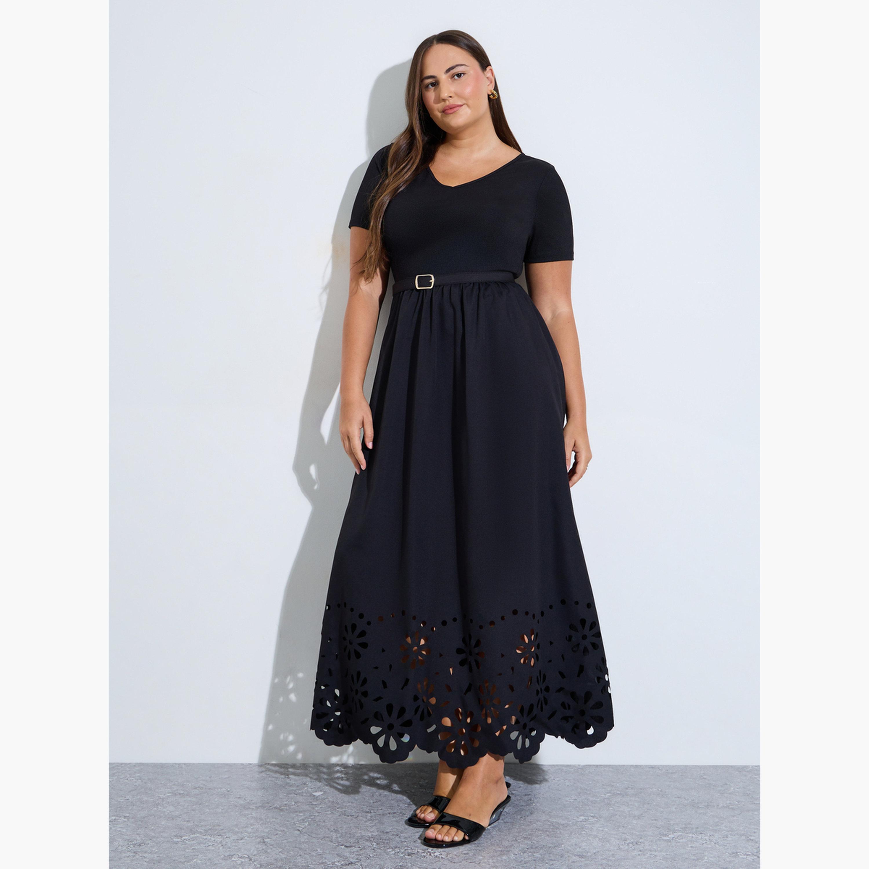 Styli Plus Size Black Belted Cutout Hem A-Line Maxi Dress-women-clothing-dresses-image-1