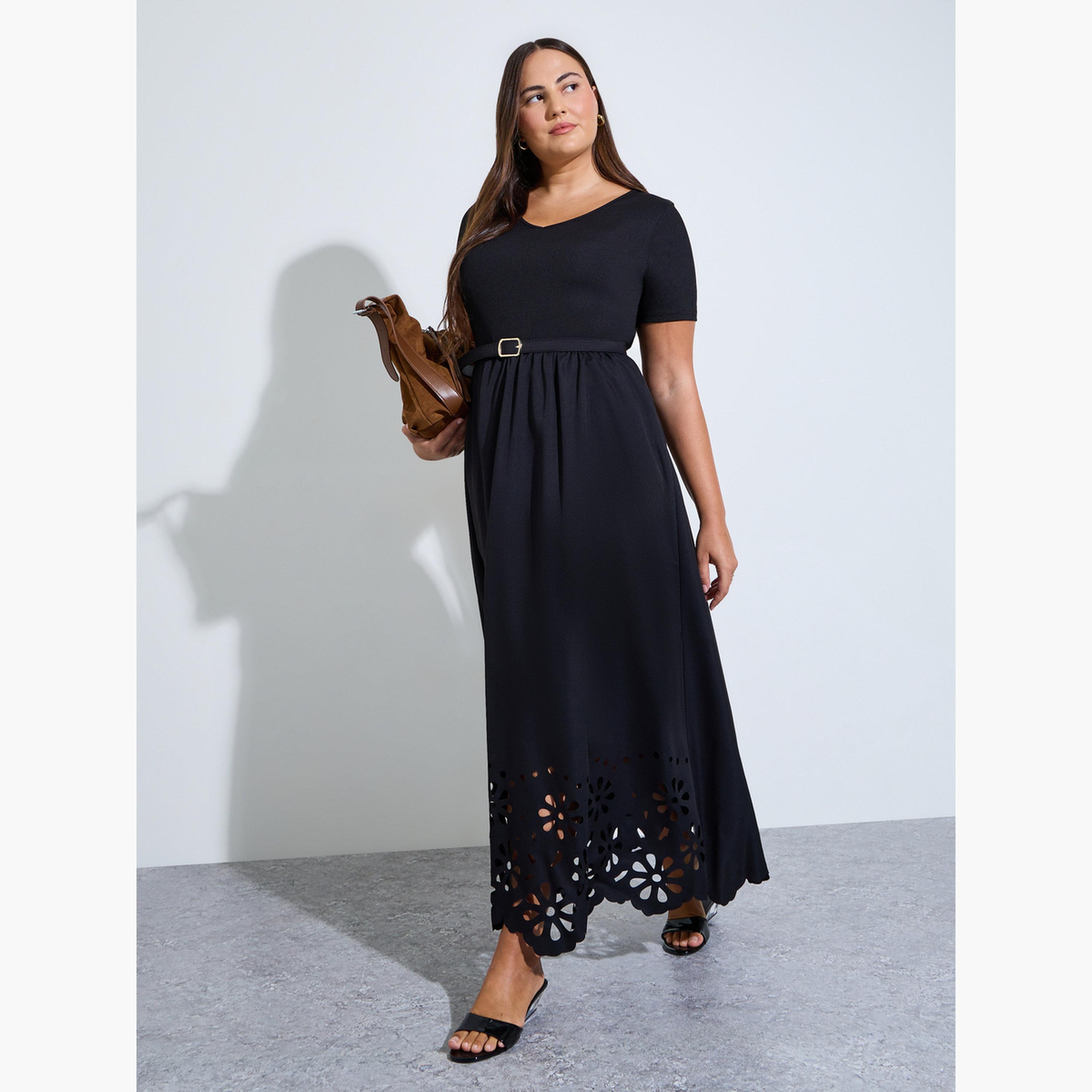 Styli Plus Size Black Belted Cutout Hem A-Line Maxi Dress-women-clothing-dresses-image-3