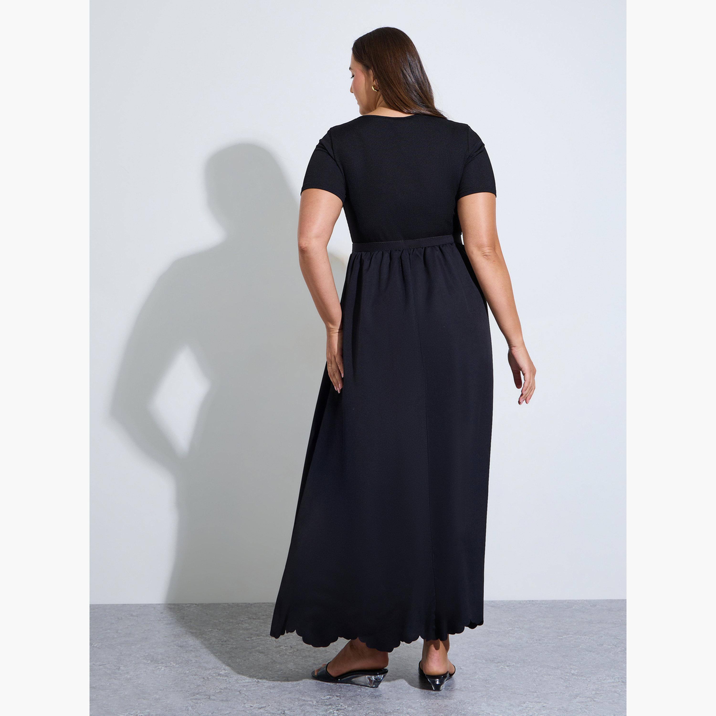 Styli Plus Size Black Belted Cutout Hem A-Line Maxi Dress-women-clothing-dresses-image-4