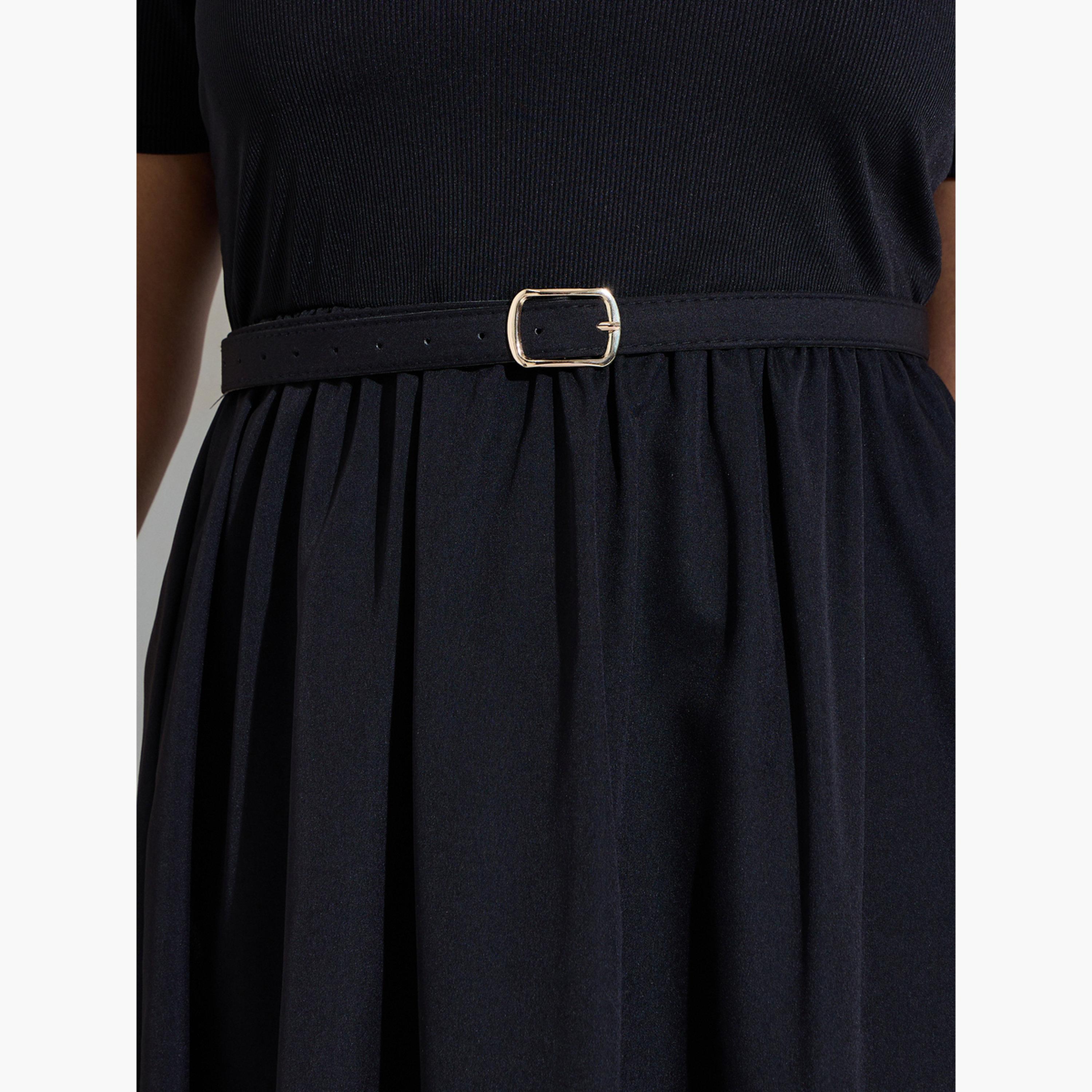 Styli Plus Size Black Belted Cutout Hem A-Line Maxi Dress-women-clothing-dresses-image-5