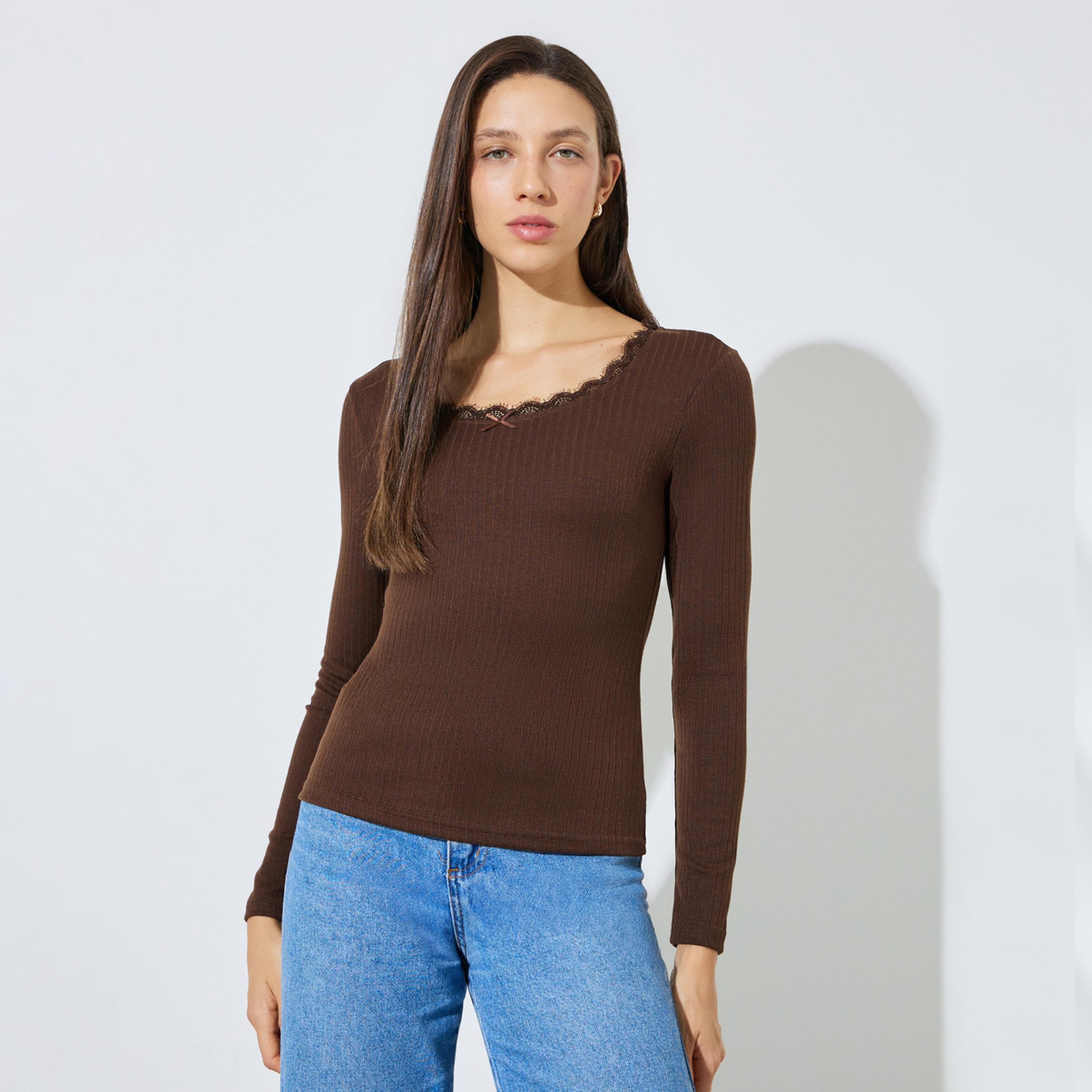 ستايلي - بلوزة بنية اللون بأكمام طويلة محبوكة مضلعة-women-clothing-shirtsandblouses-blouses-image-1