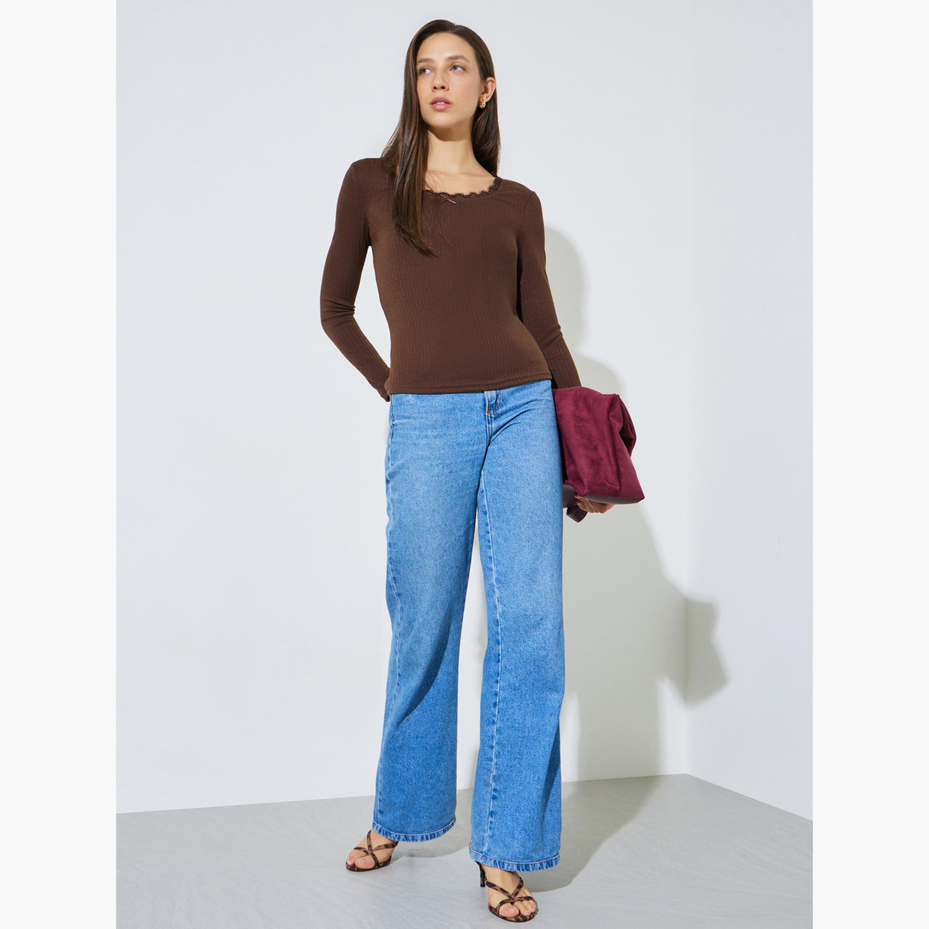 ستايلي - بلوزة بنية اللون بأكمام طويلة محبوكة مضلعة-women-clothing-shirtsandblouses-blouses-image-2