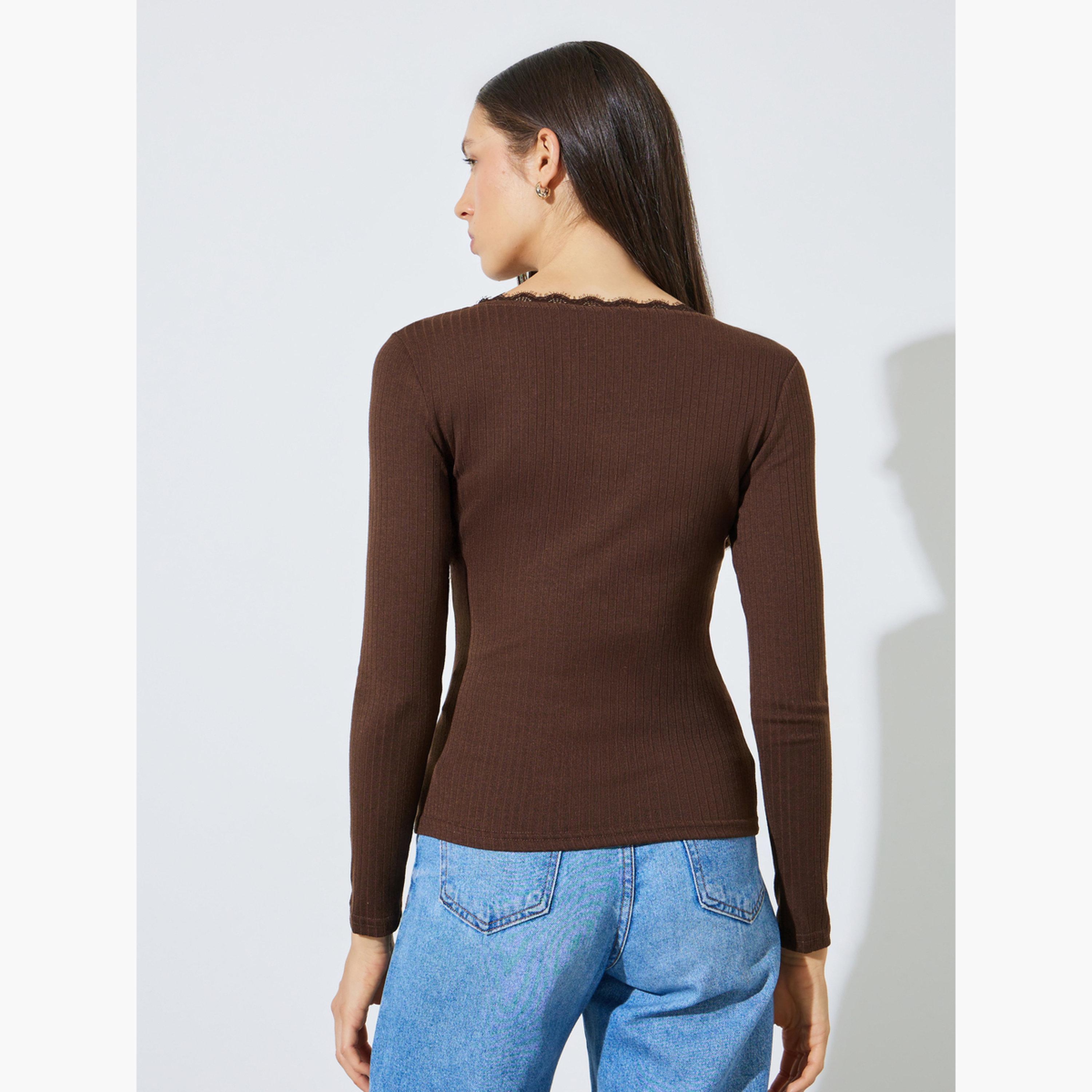 ستايلي - بلوزة بنية اللون بأكمام طويلة محبوكة مضلعة-women-clothing-shirtsandblouses-blouses-image-4
