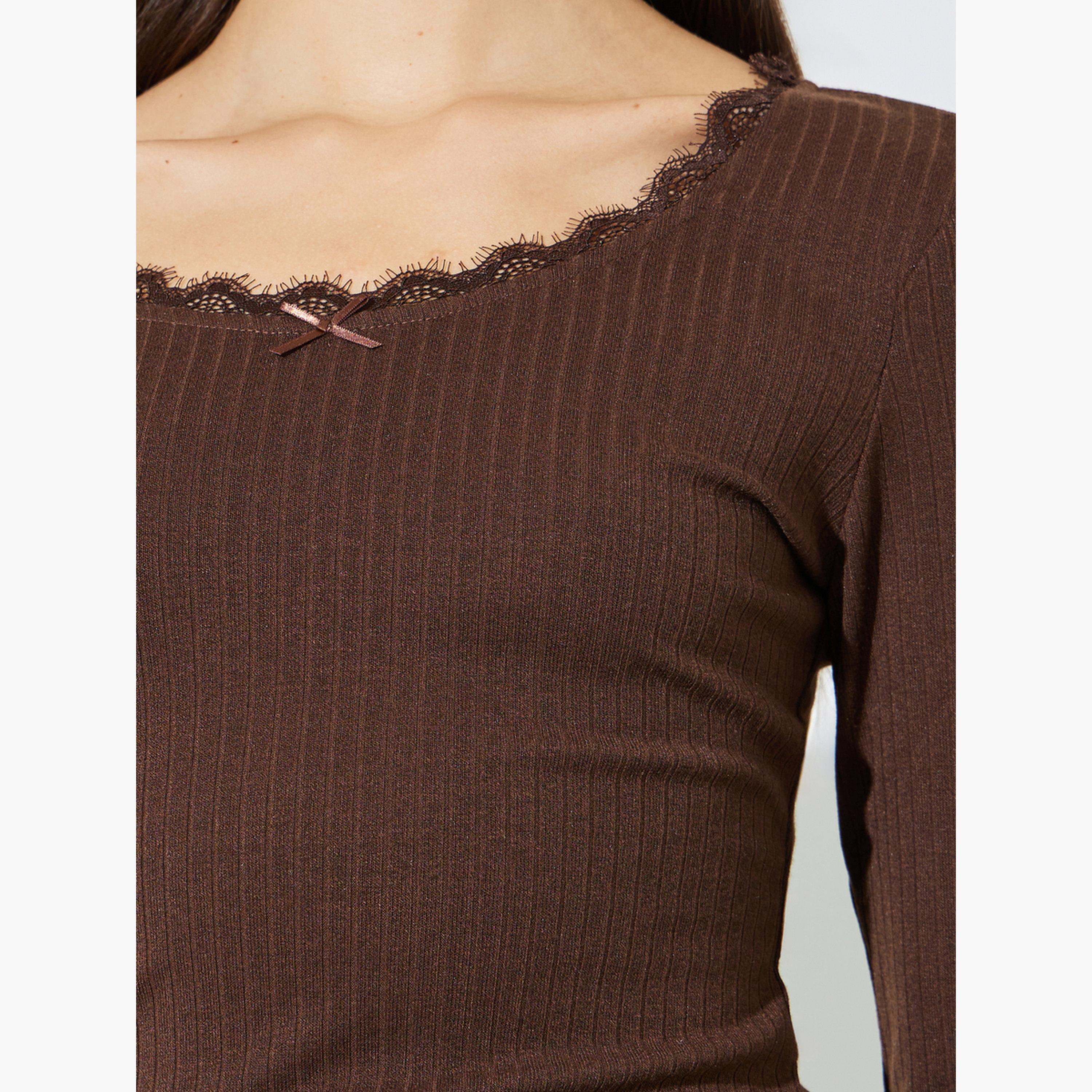 ستايلي - بلوزة بنية اللون بأكمام طويلة محبوكة مضلعة-women-clothing-shirtsandblouses-blouses-image-5