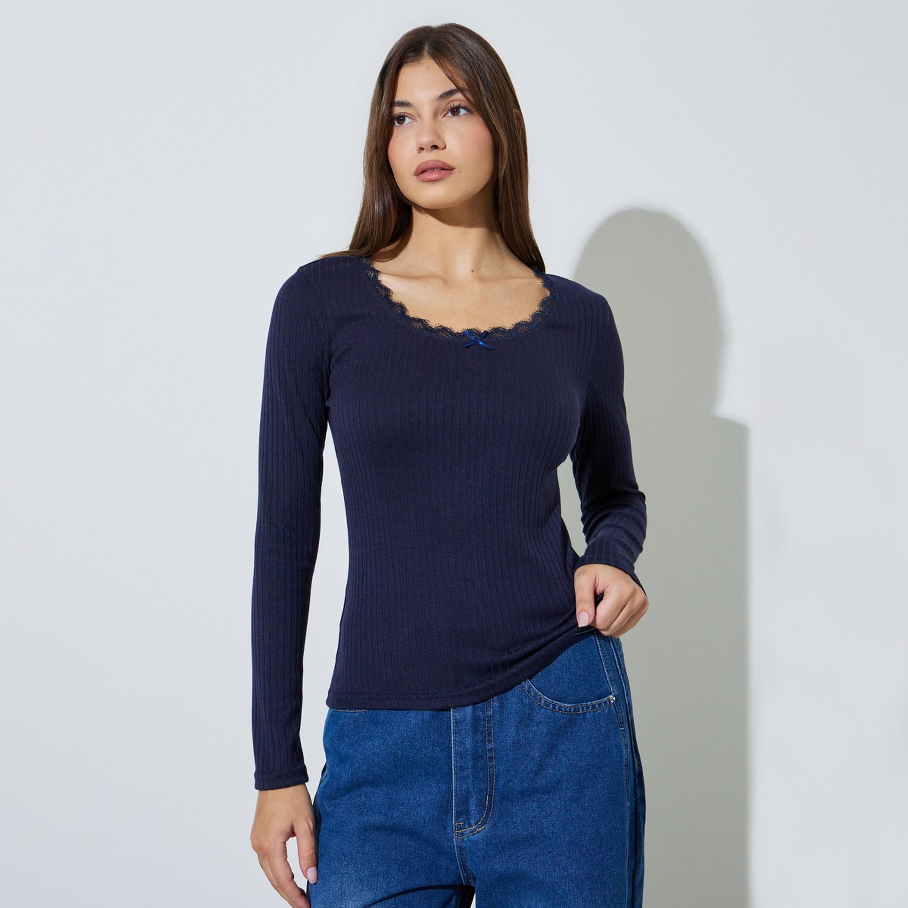 Styli Navy Blue Long Sleeve Ribbed Knit Top-women-clothing-shirtsandblouses-blouses-image-1