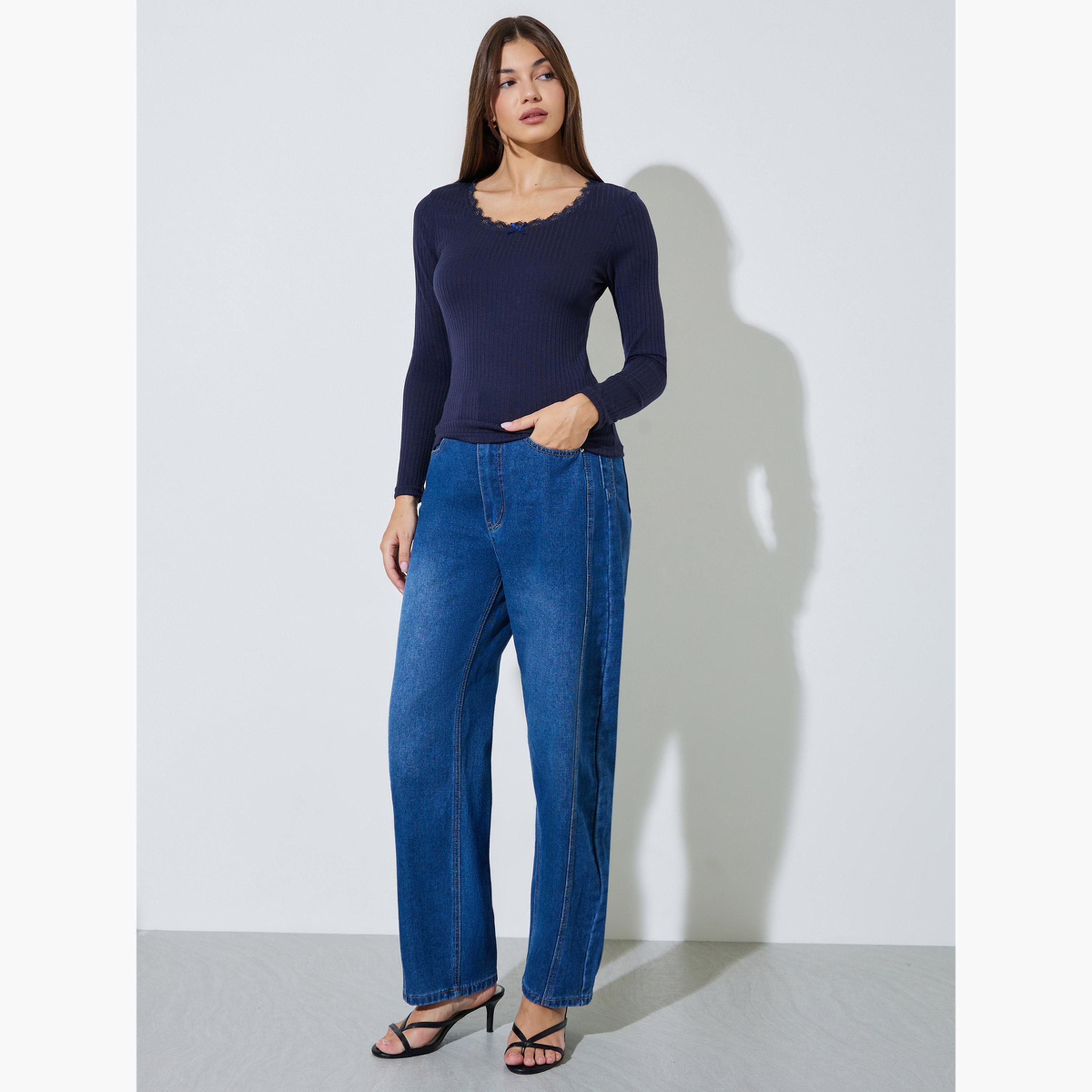 Styli Navy Blue Long Sleeve Ribbed Knit Top-women-clothing-shirtsandblouses-blouses-image-2
