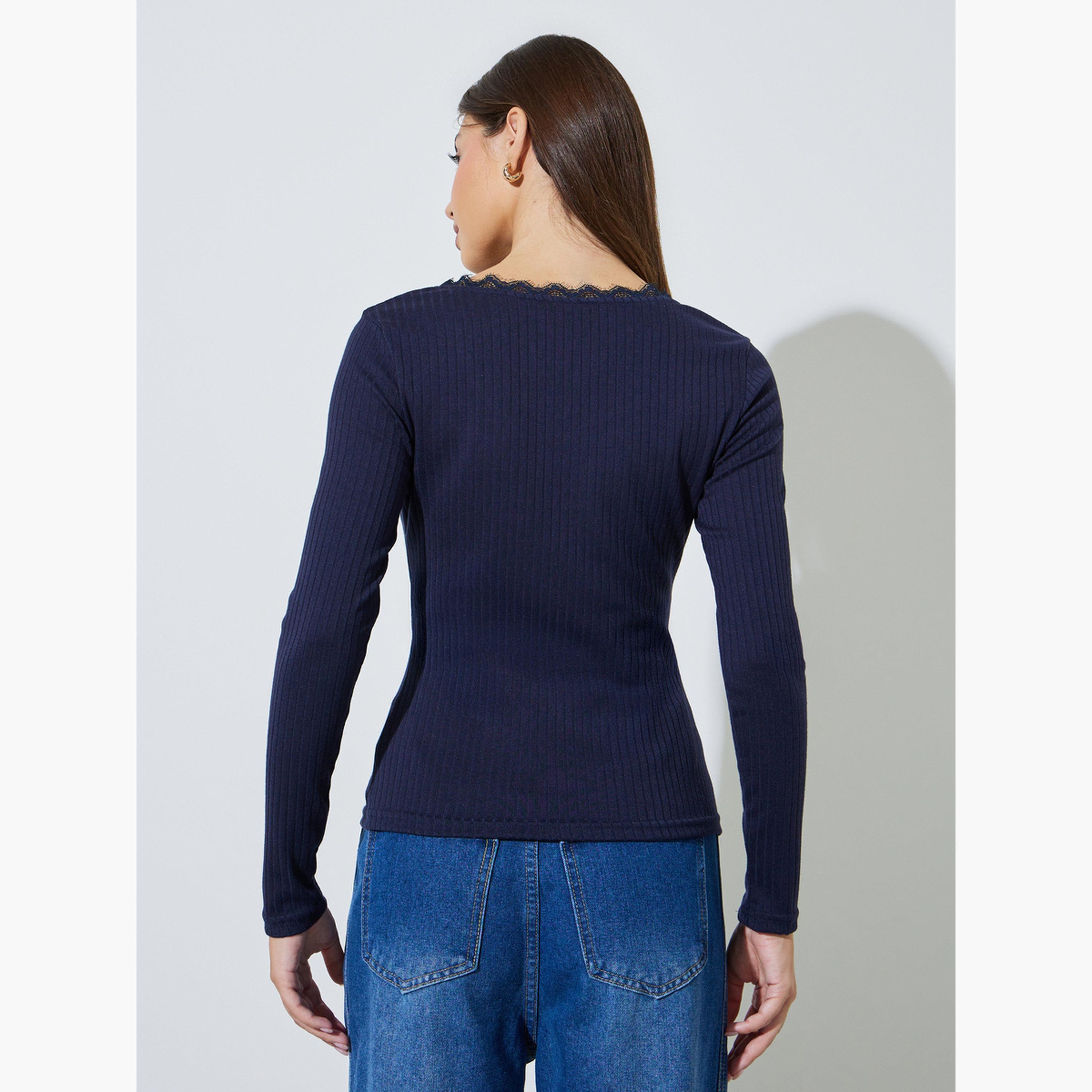 ستايلي - بلوزة محبوكة مضلعة بأكمام طويلة باللون الأزرق الداكن-women-clothing-shirtsandblouses-blouses-image-4