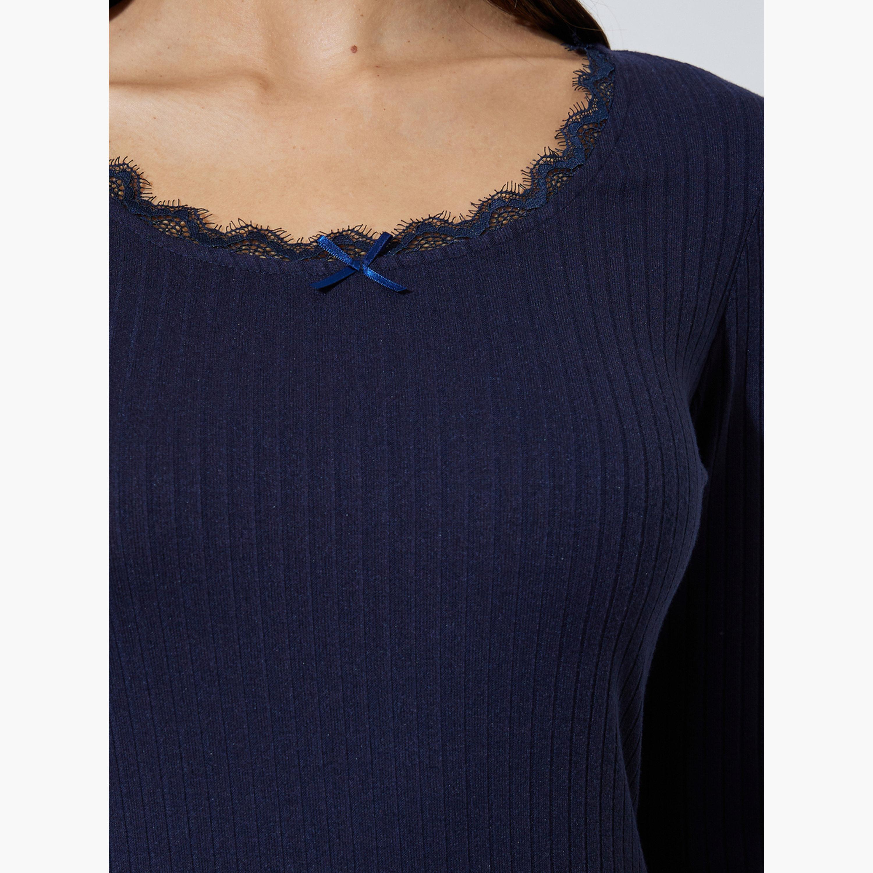 Styli Navy Blue Long Sleeve Ribbed Knit Top-women-clothing-shirtsandblouses-blouses-image-5