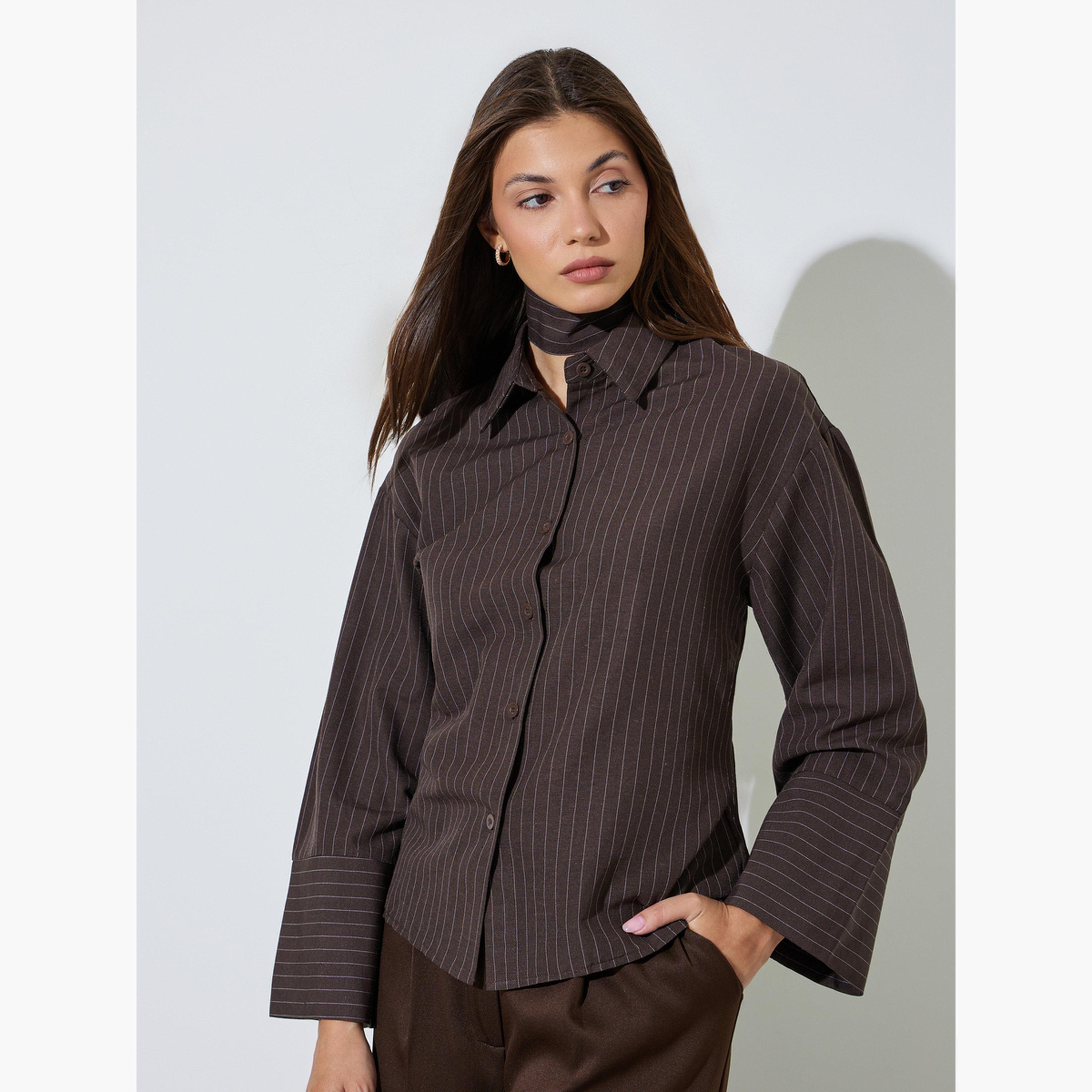 Styli Brown Pinstripe Long Sleeve Shirt with Scarf Detail-women-clothing-shirtsandblouses-shirts-image-1