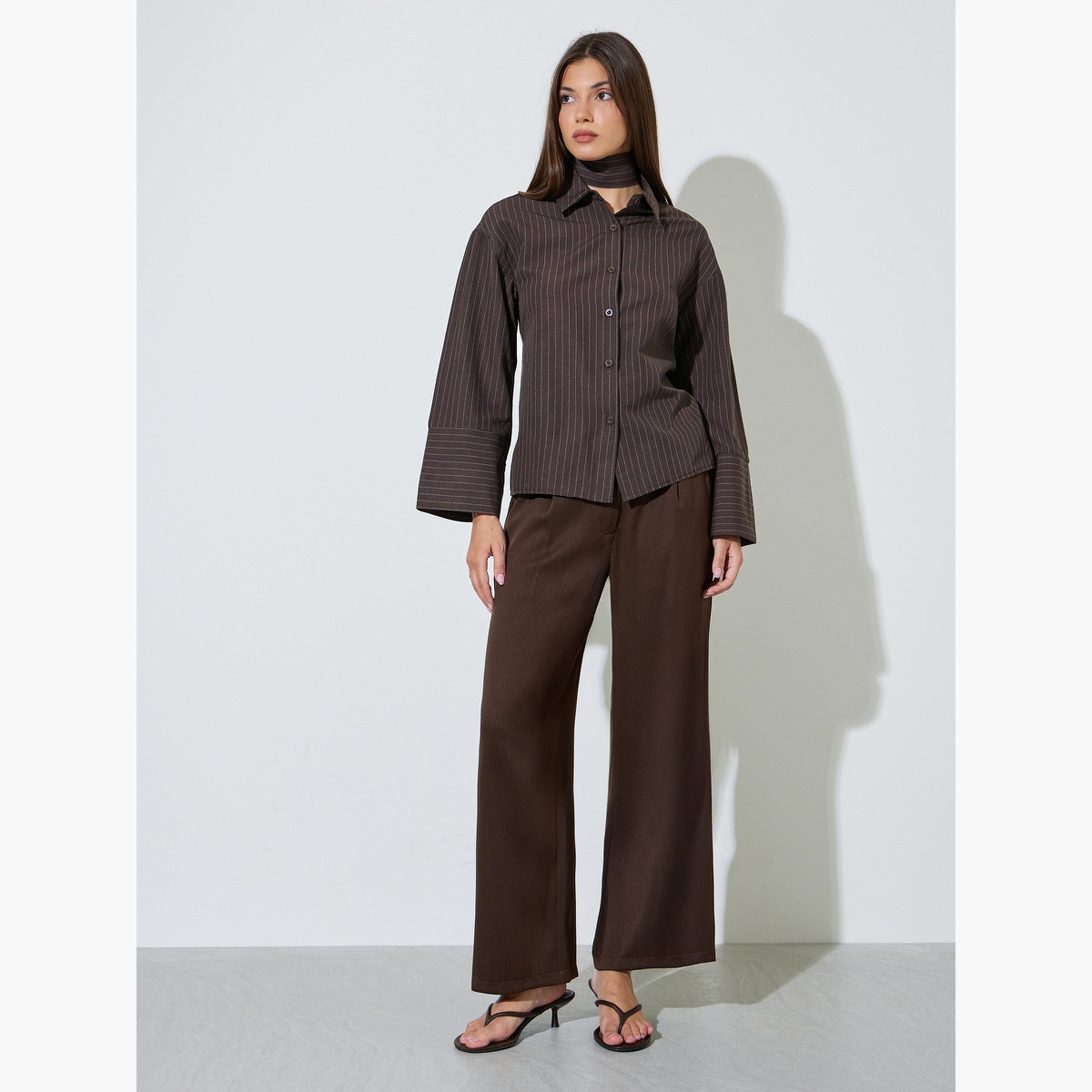 Styli Brown Pinstripe Long Sleeve Shirt with Scarf Detail-women-clothing-shirtsandblouses-shirts-image-2