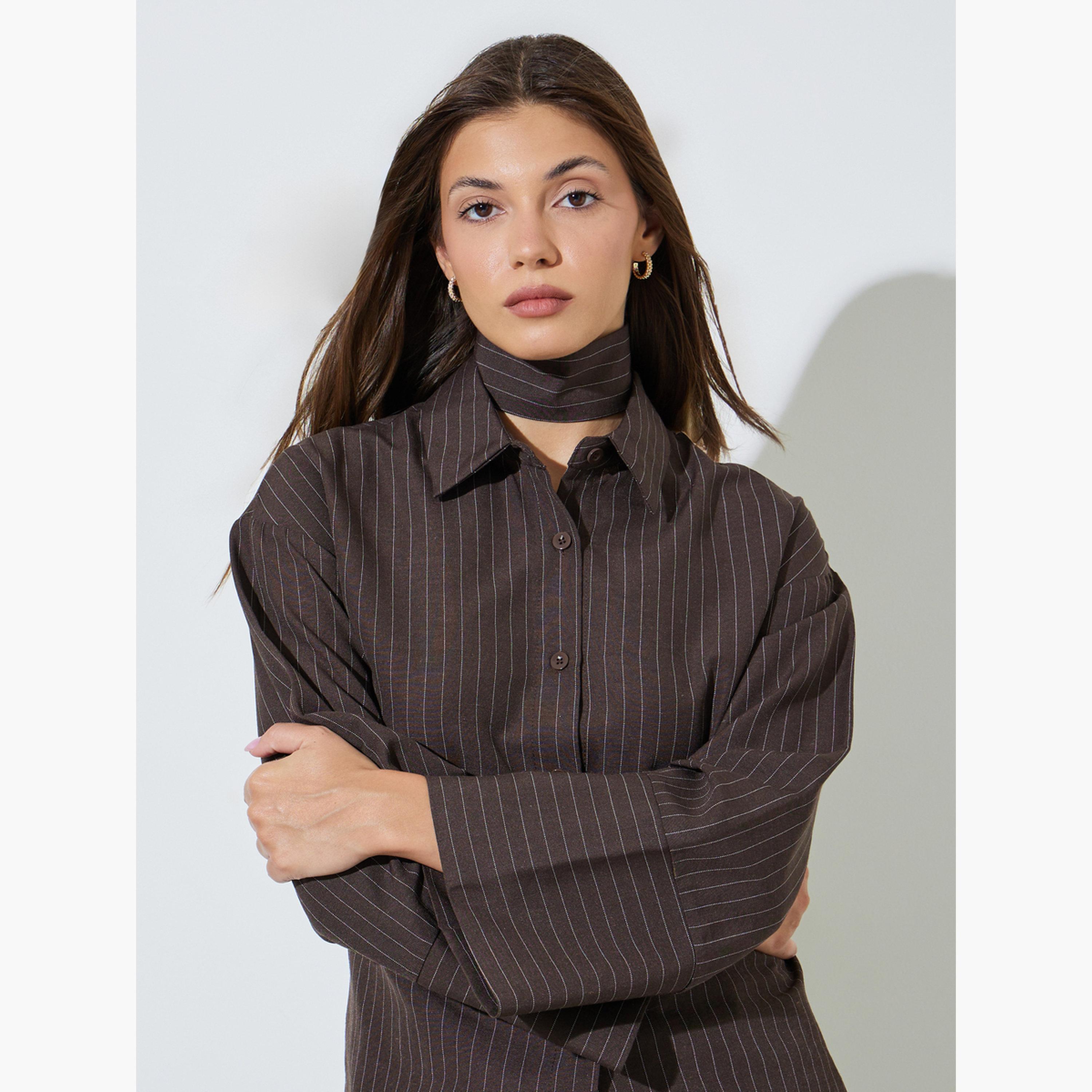 Styli Brown Pinstripe Long Sleeve Shirt with Scarf Detail-women-clothing-shirtsandblouses-shirts-image-3