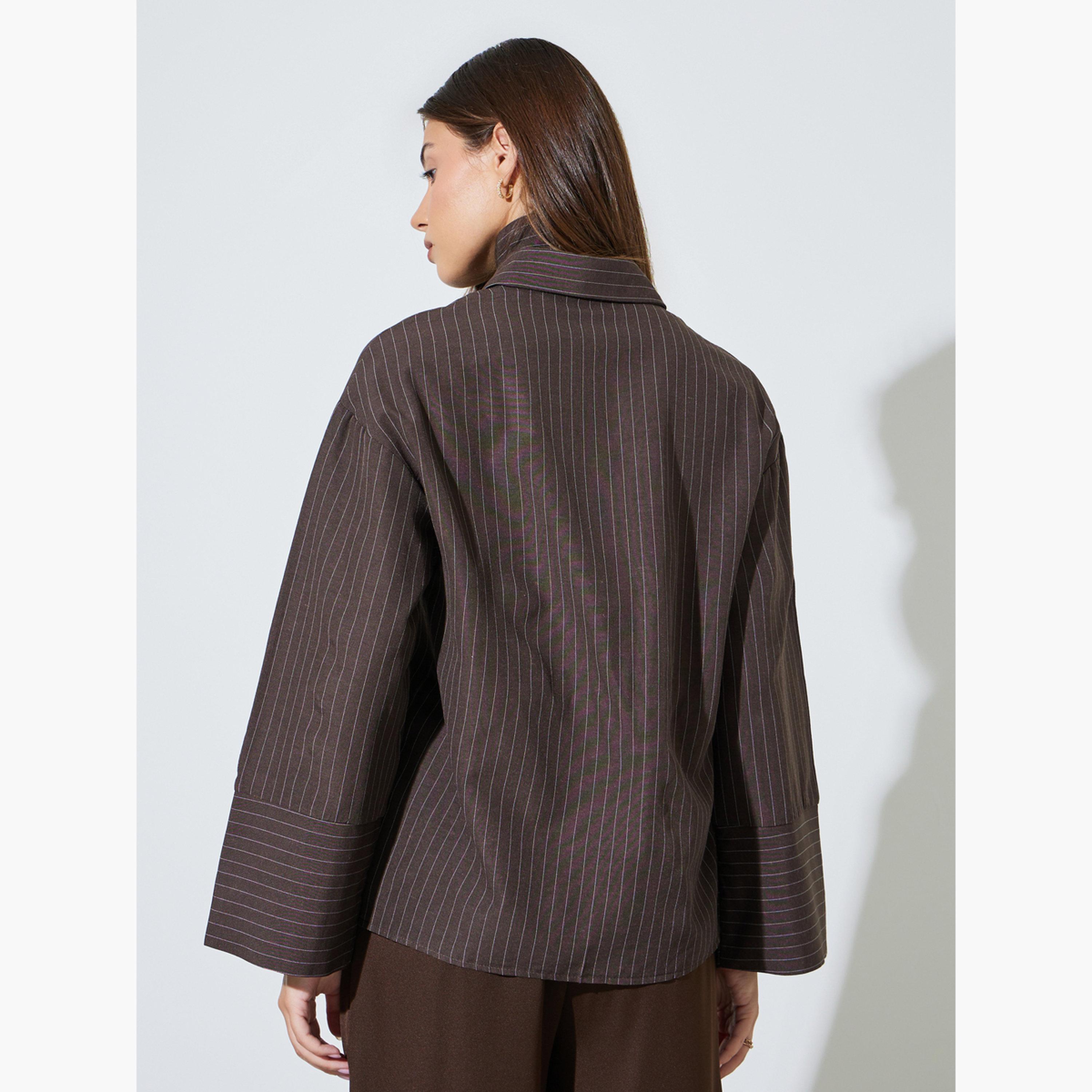 Styli Brown Pinstripe Long Sleeve Shirt with Scarf Detail-women-clothing-shirtsandblouses-shirts-image-4