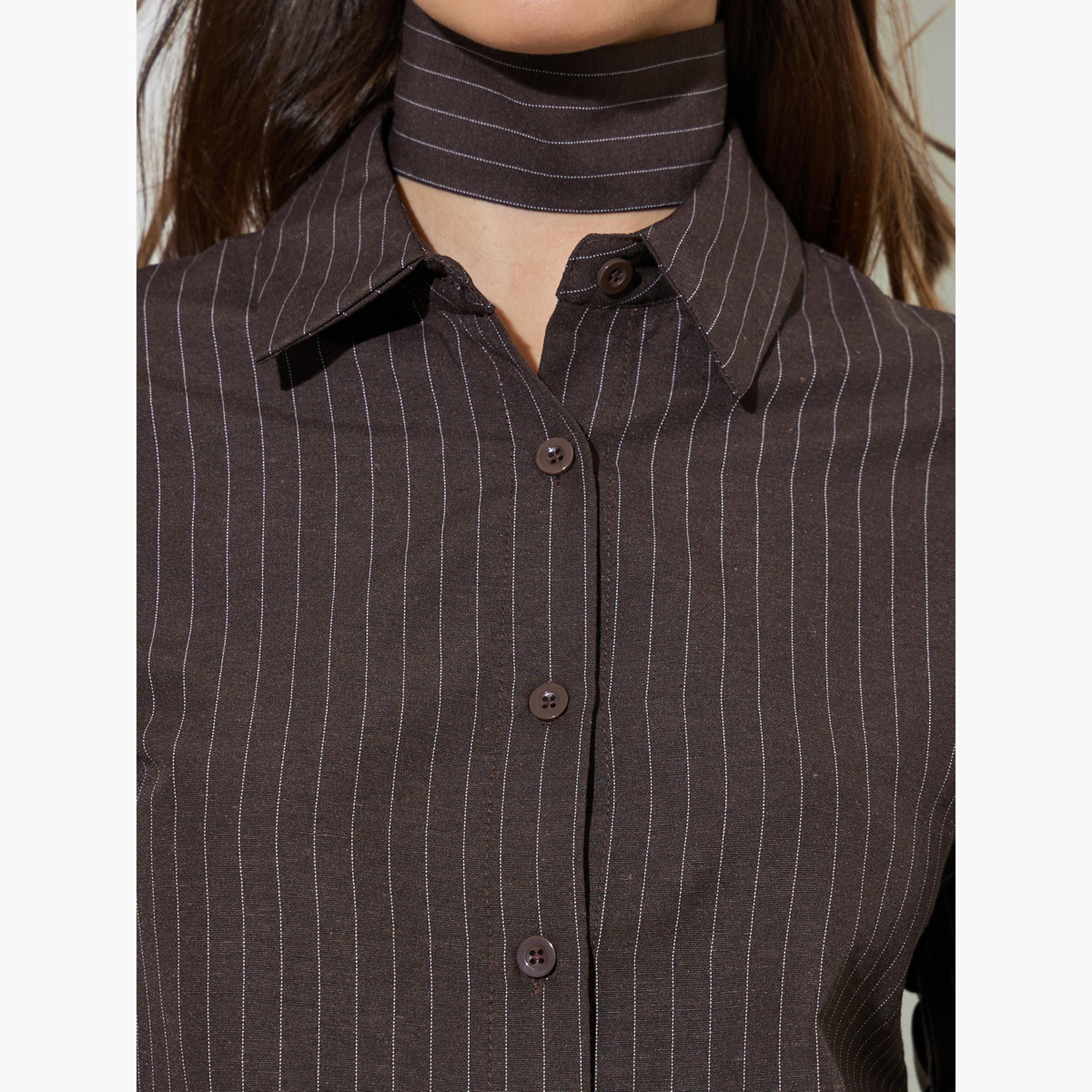 Styli Brown Pinstripe Long Sleeve Shirt with Scarf Detail-women-clothing-shirtsandblouses-shirts-image-5
