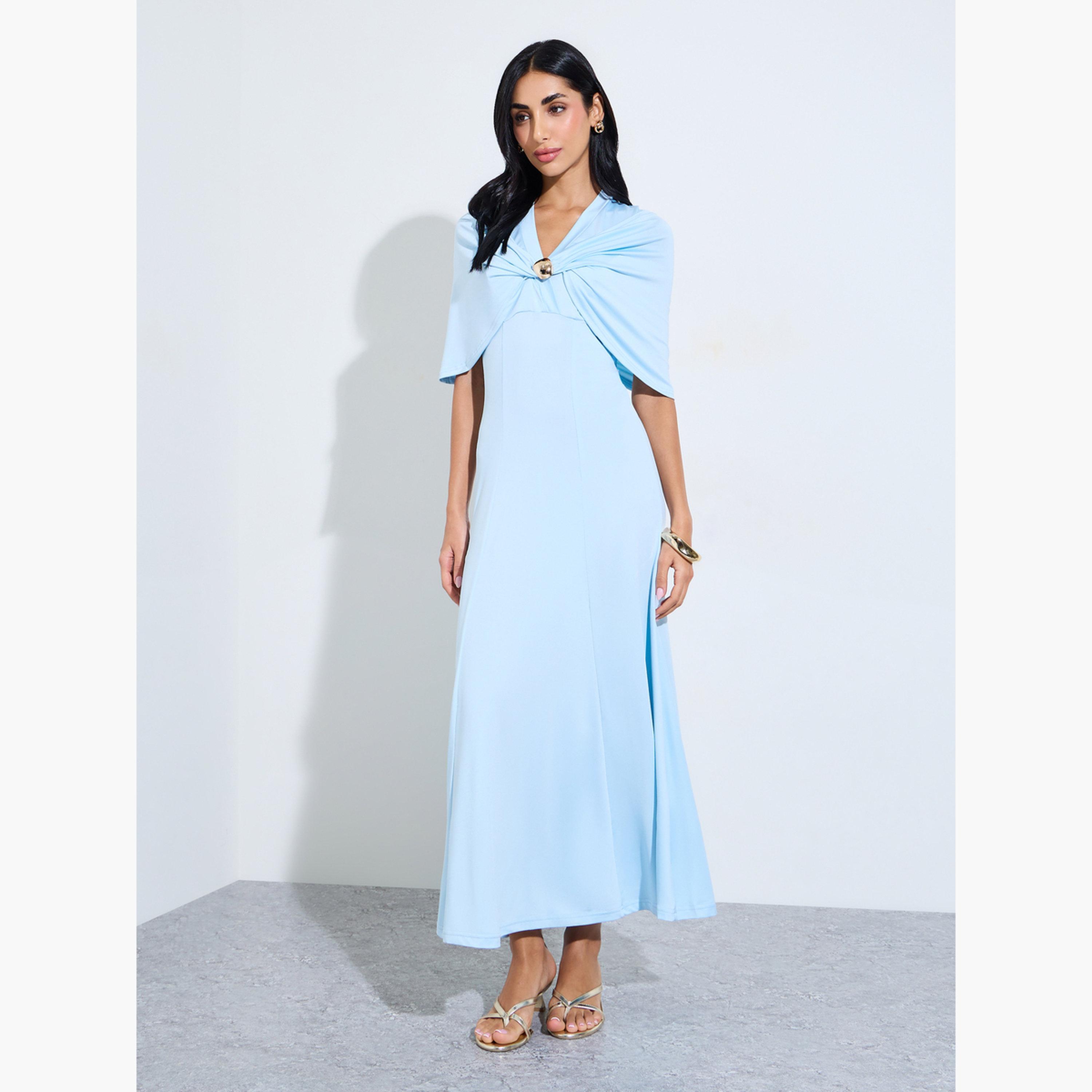 Styli Light Blue Cape Sleeve A-Line Maxi Dress-women-clothing-dresses-image-1